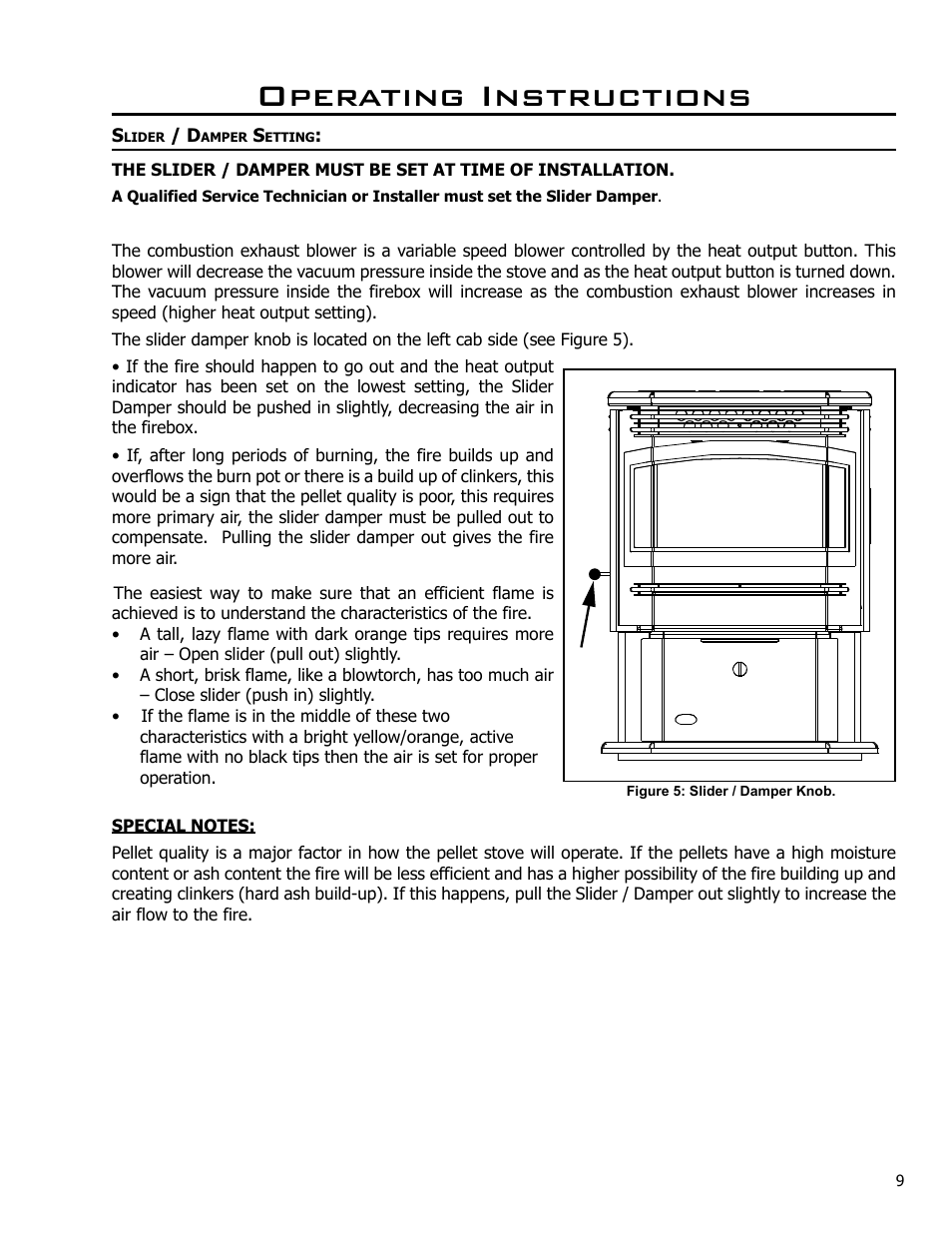 Slider / damper setting, Operating instructions | Enviro MERIDIAN 50-830 User Manual | Page 9 / 14