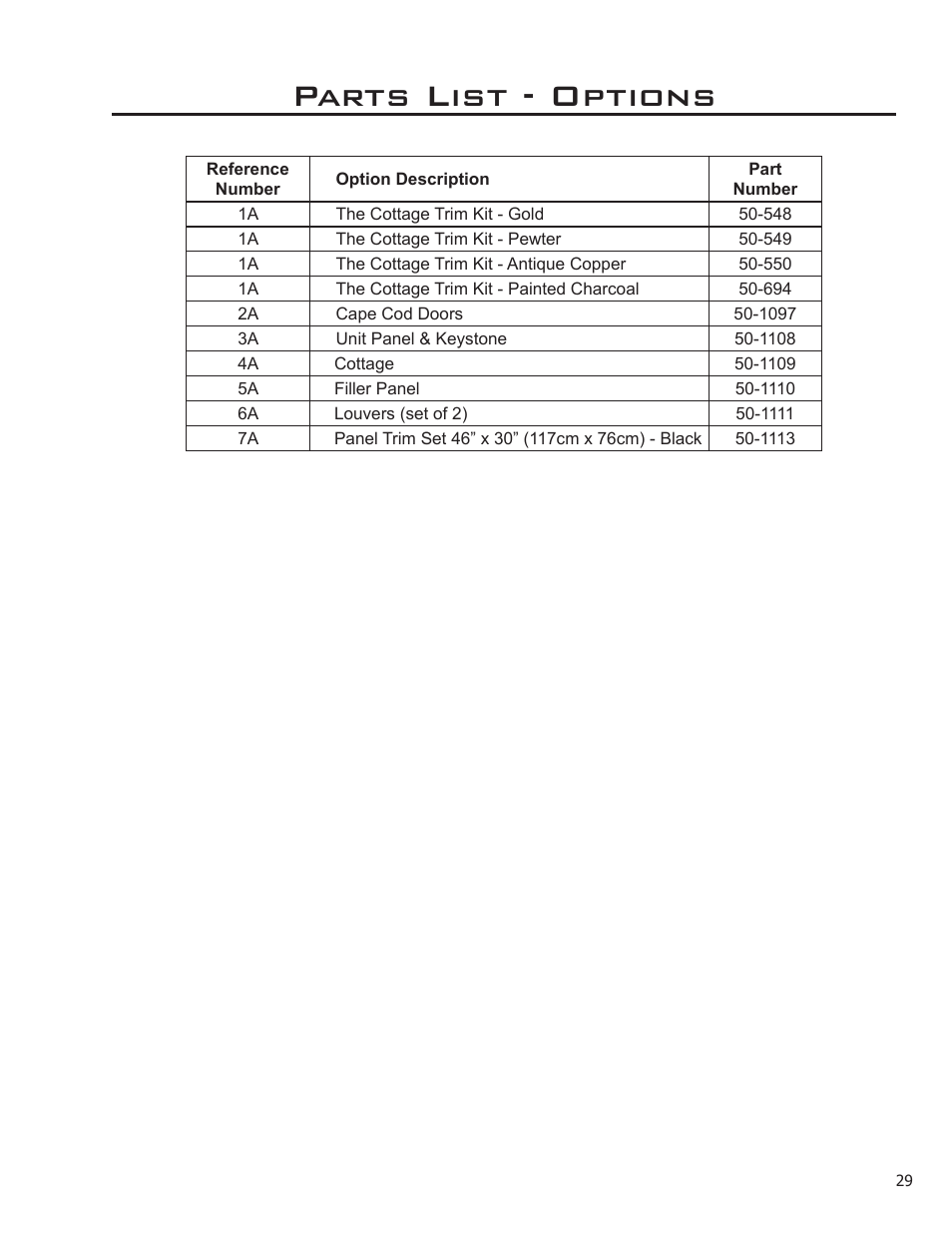 Parts list - options | Enviro Sienna Indoor Gas Fireplace User Manual | Page 29 / 32