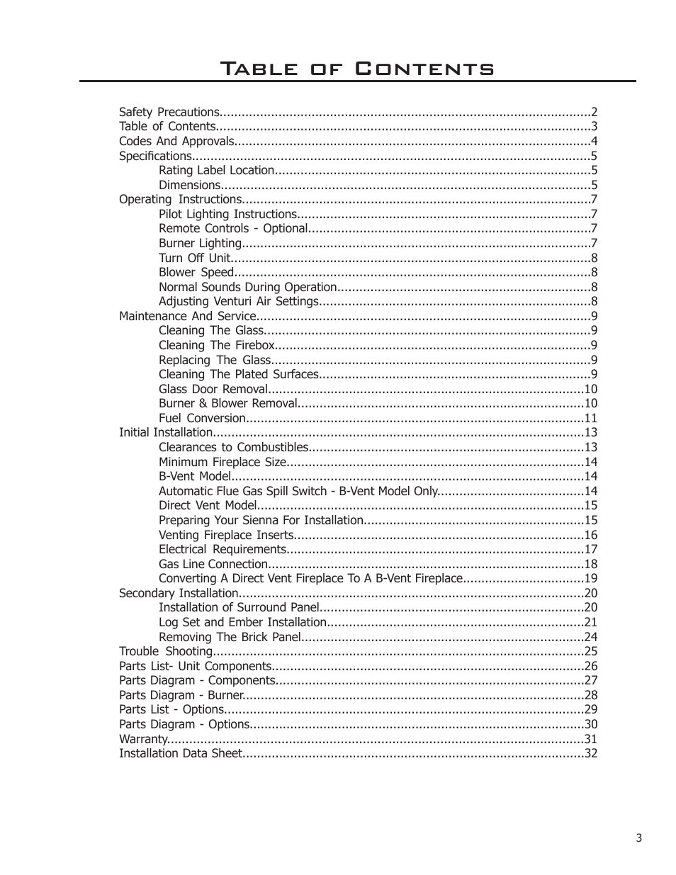 Enviro Sienna Indoor Gas Fireplace User Manual | Page 3 / 32