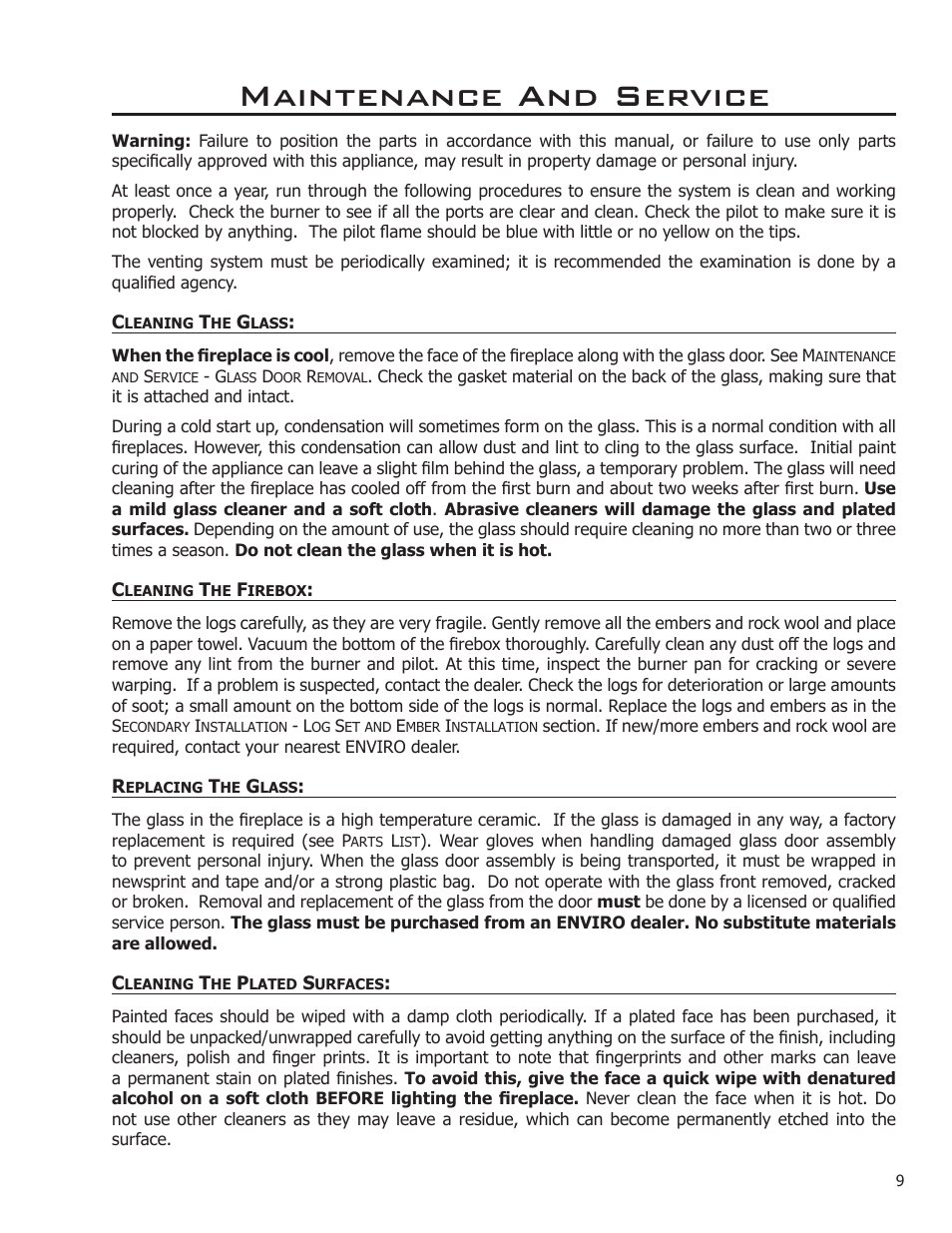 Maintenance and service | Enviro Sienna Indoor Gas Fireplace User Manual | Page 9 / 32