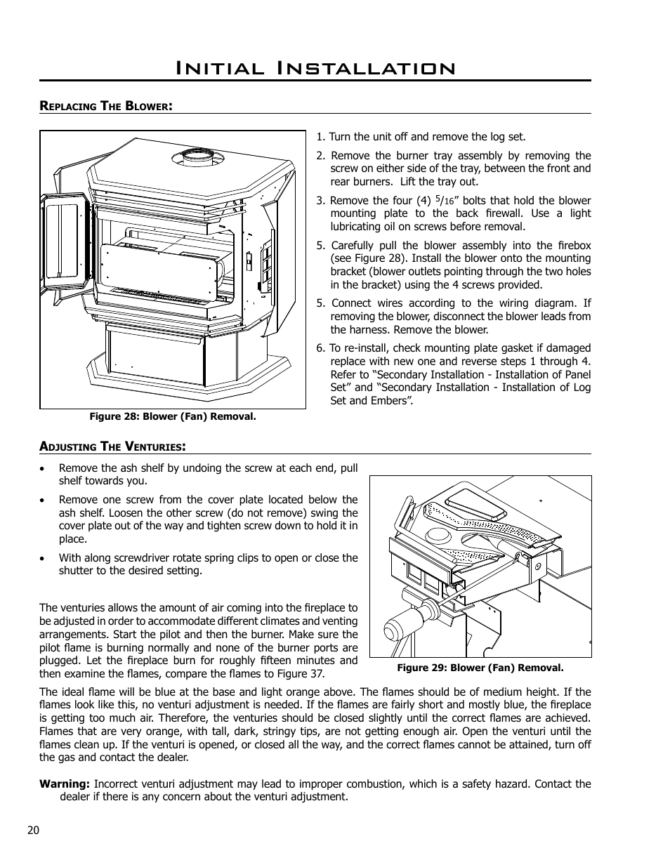 Removing the blower, Adjusting the venturies, Replacing the blower adjusting the venturies | Initial installation | Enviro EG28 DV User Manual | Page 20 / 33