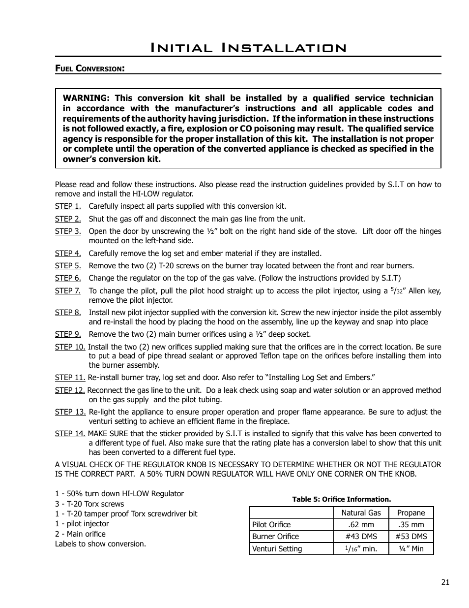 Fuel conversion, Initial installation | Enviro EG28 DV User Manual | Page 21 / 33