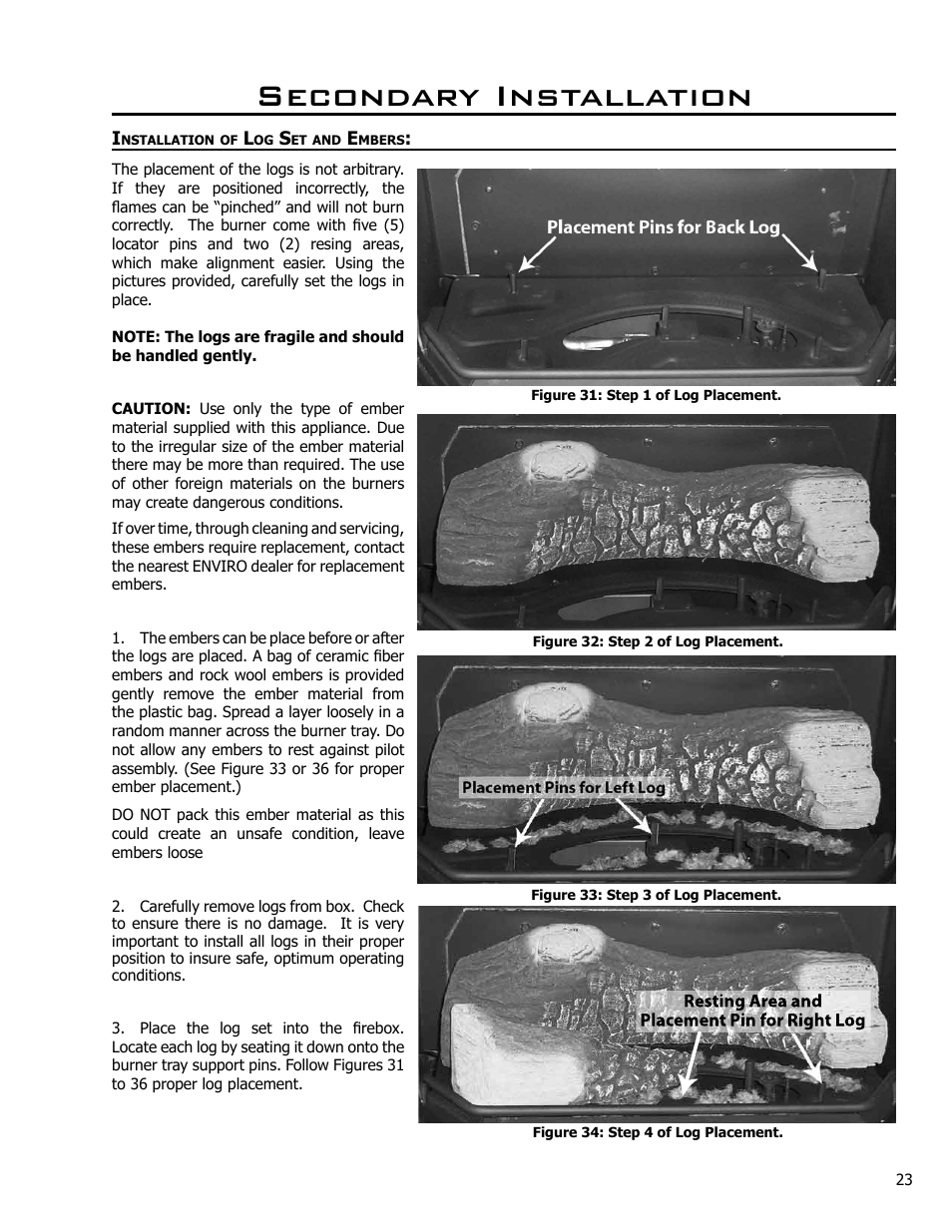 Secondary installation, Installation of log set and embers | Enviro EG28 DV User Manual | Page 23 / 33