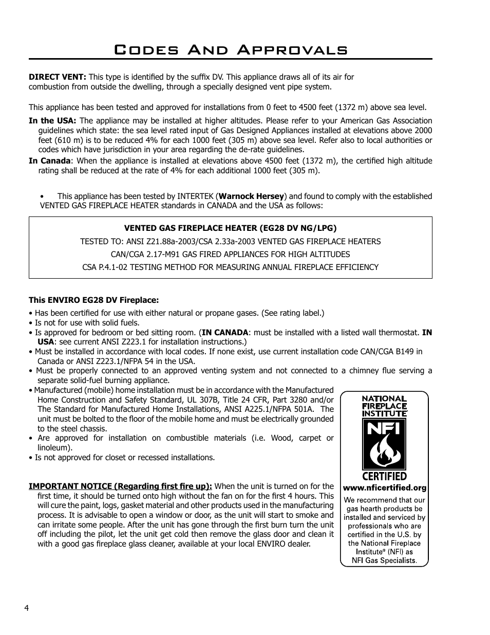 Codes and approvals | Enviro EG28 DV User Manual | Page 4 / 33