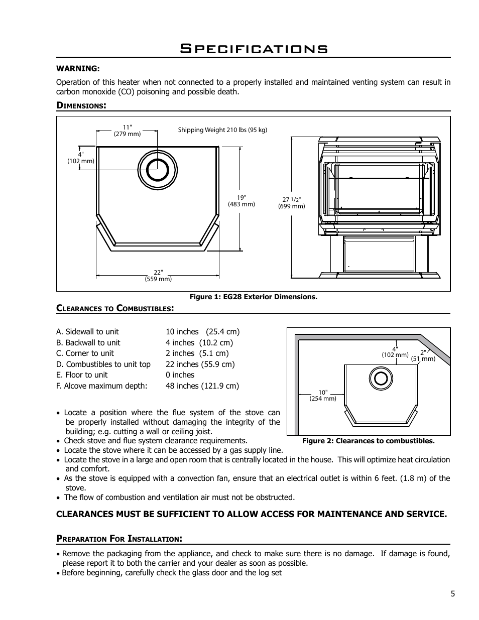 Specifications, Dimensions, Clearances to combustibles | Preparation for installation | Enviro EG28 DV User Manual | Page 5 / 33