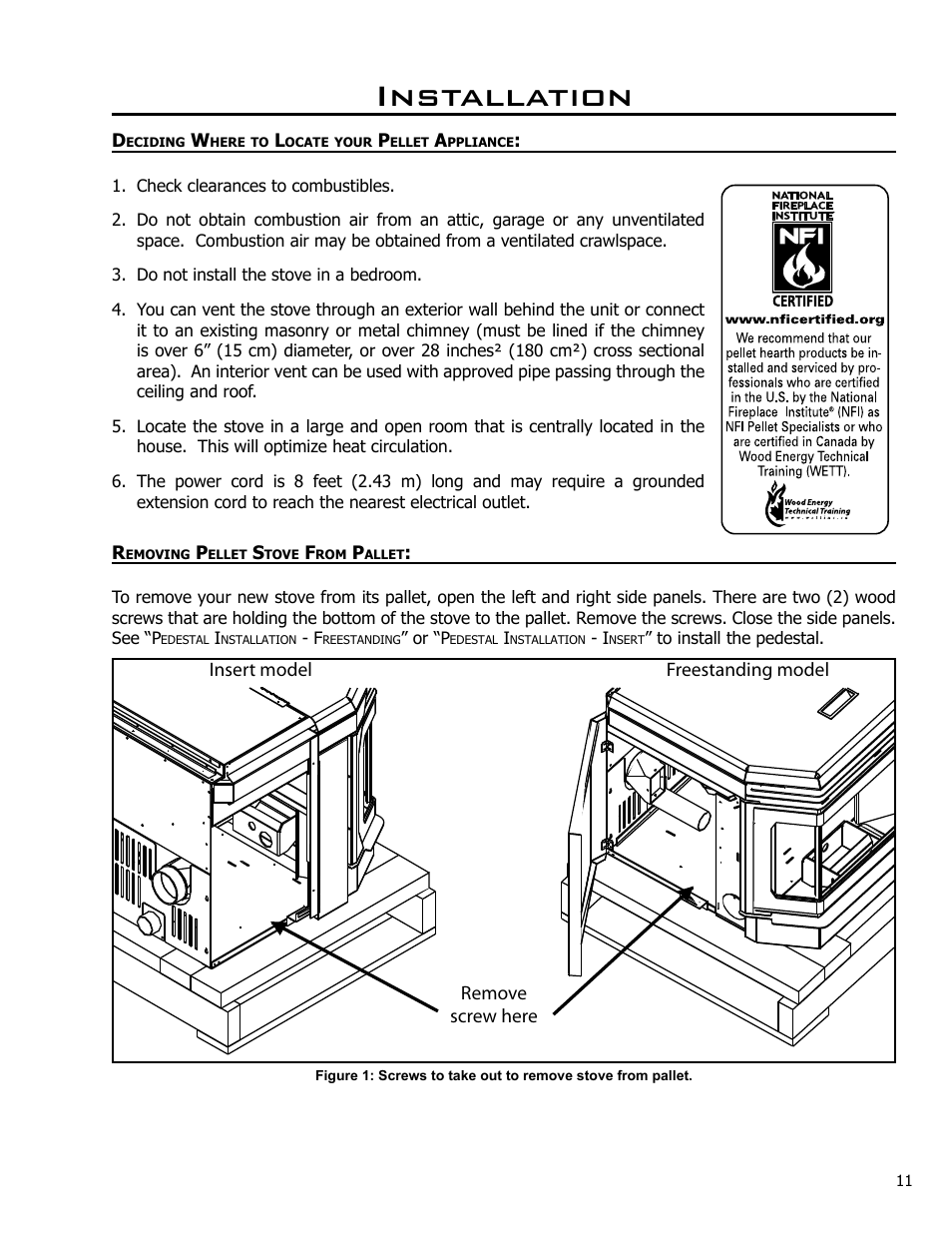 Installation, Deciding where to locate your pellet appliance, Removing pellet stove from pallet | Enviro EF4 User Manual | Page 11 / 37