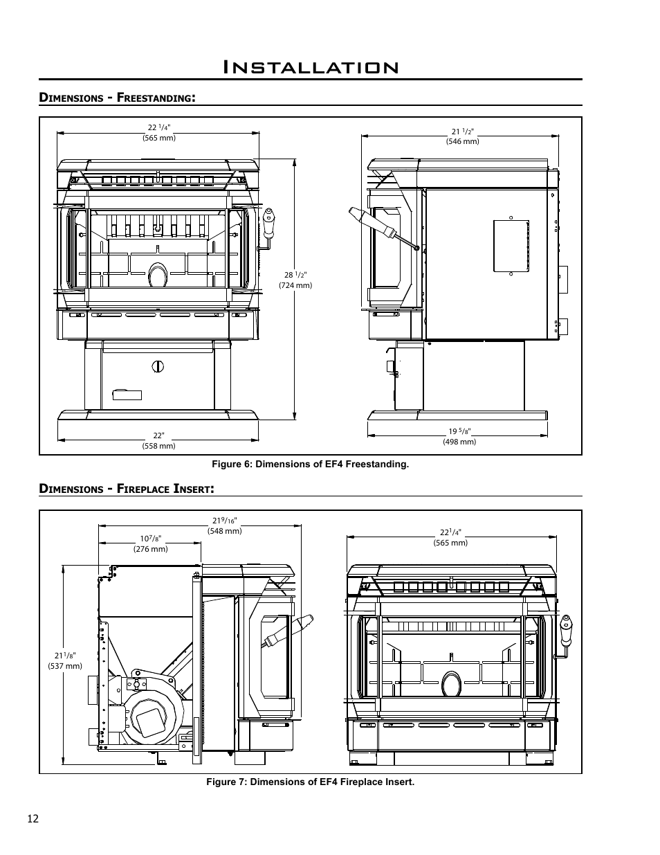 Dimensions - freestanding, Dimensions - fireplace insert, Installation | Enviro EF4 User Manual | Page 12 / 37