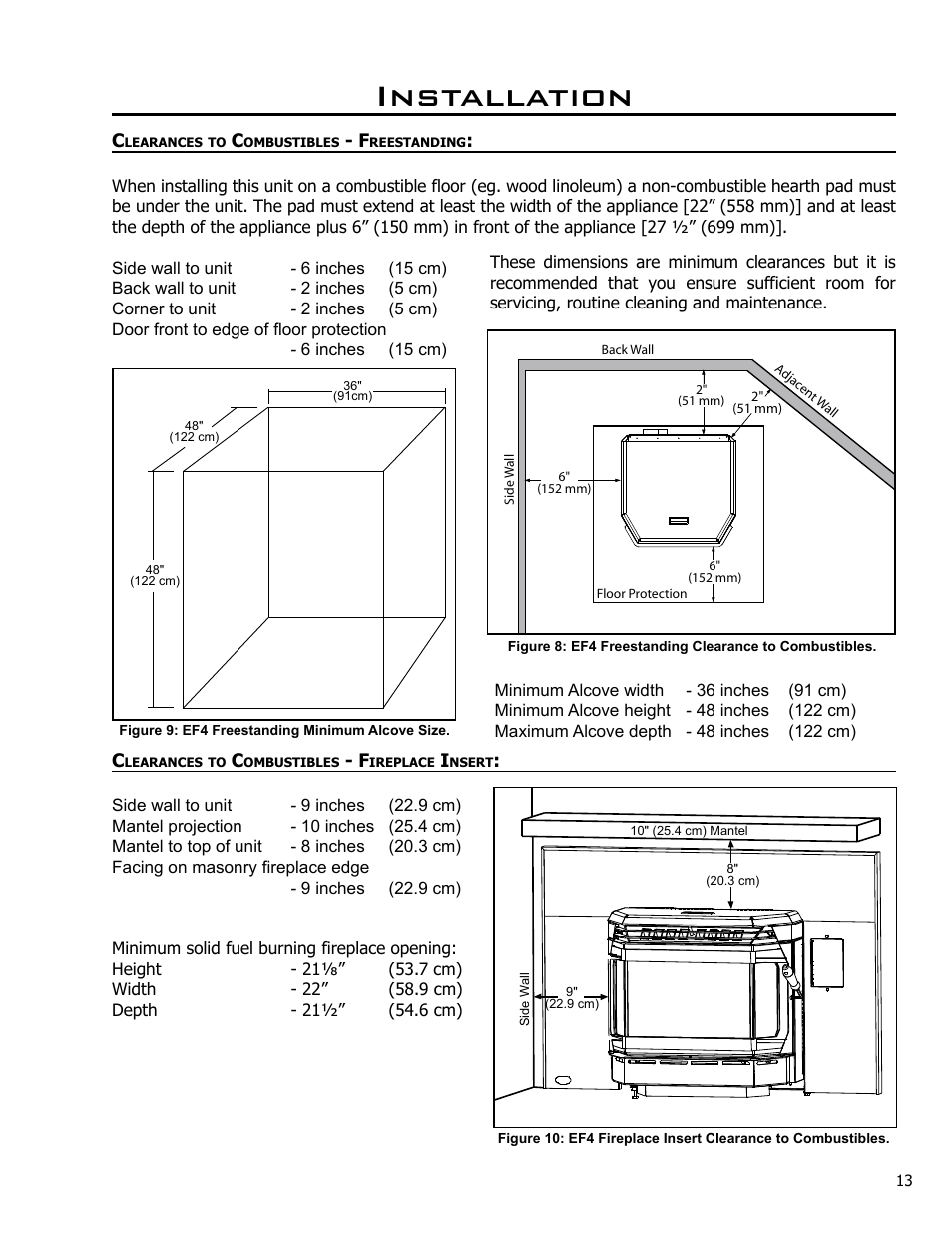 Clearances to combustibles - freestanding, Clearances to combustibles - fireplace insert, Installation | Enviro EF4 User Manual | Page 13 / 37