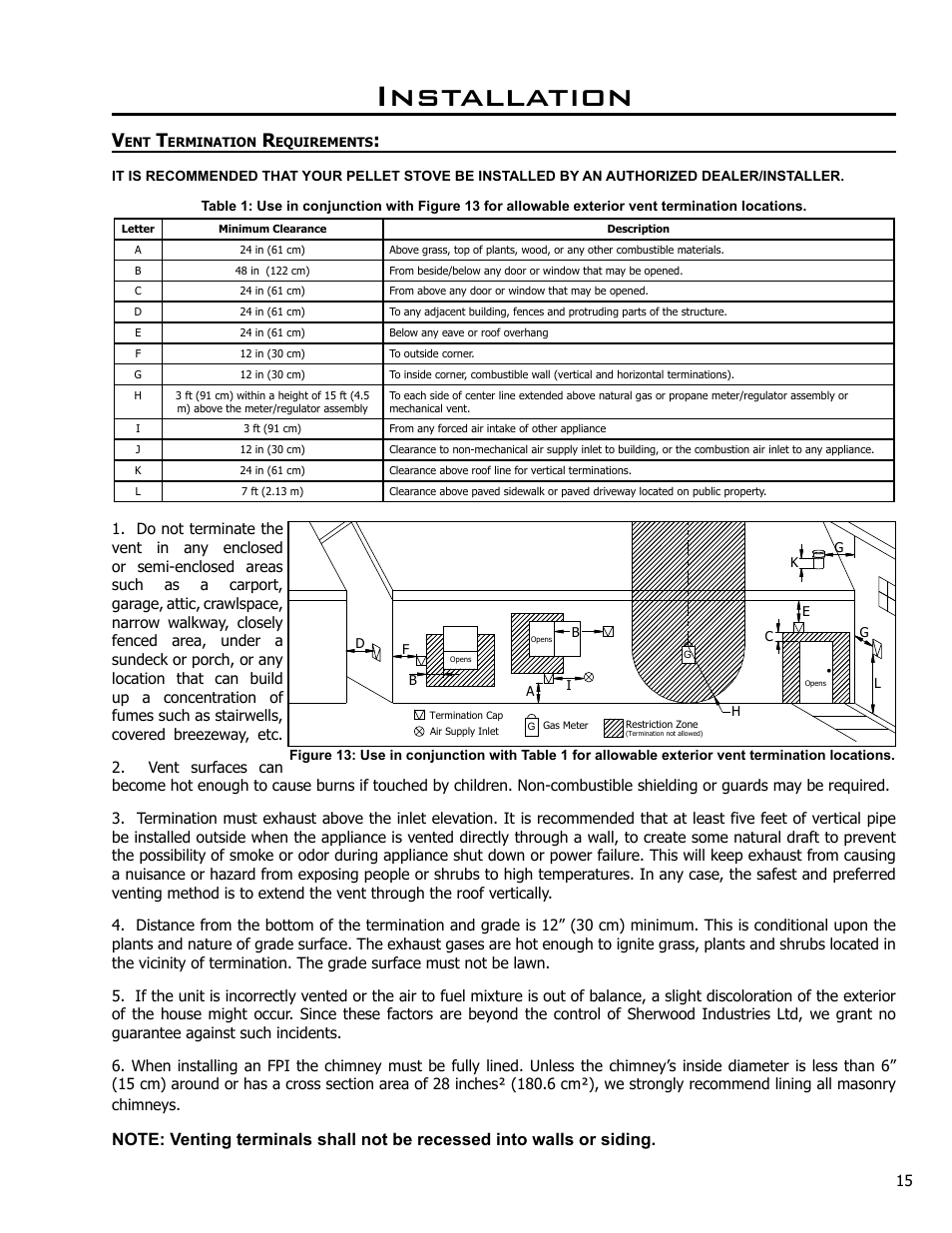 Vent termination requirements, Installation | Enviro EF4 User Manual | Page 15 / 37