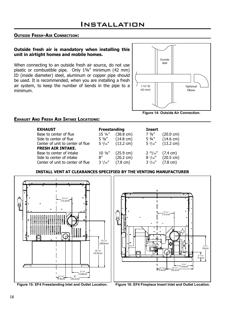 Outside fresh-air connection, Exhaust and fresh air intake locations, Installation | Enviro EF4 User Manual | Page 16 / 37