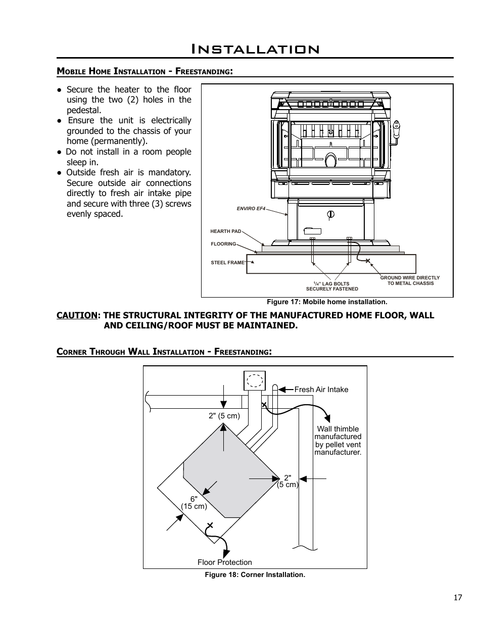 Mobile home installation - freestanding, Corner through wall installation - freestanding, Installation | Enviro EF4 User Manual | Page 17 / 37