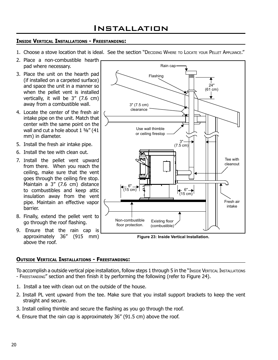 Inside vertical installations - freestanding, Outside vertical installations - freestanding, Installation | Enviro EF4 User Manual | Page 20 / 37