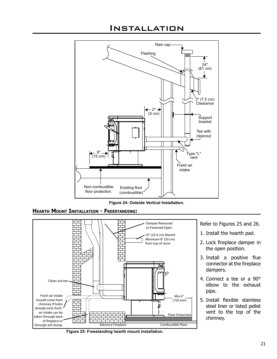 Hearth mount installation - freestanding, Installation | Enviro EF4 User Manual | Page 21 / 37