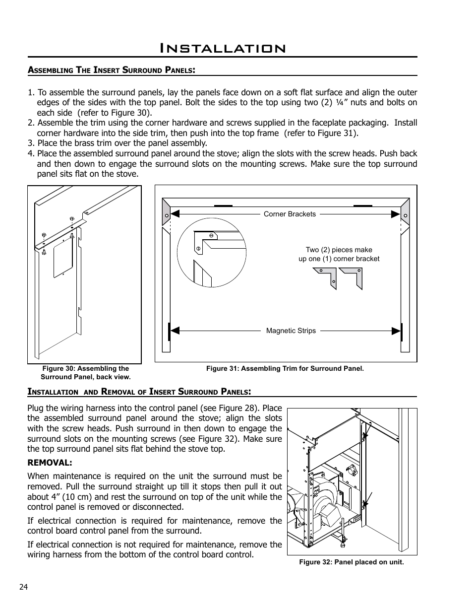 Assembling the insert surround panels, Installation and removal of insert surround panels, Installation | Enviro EF4 User Manual | Page 24 / 37