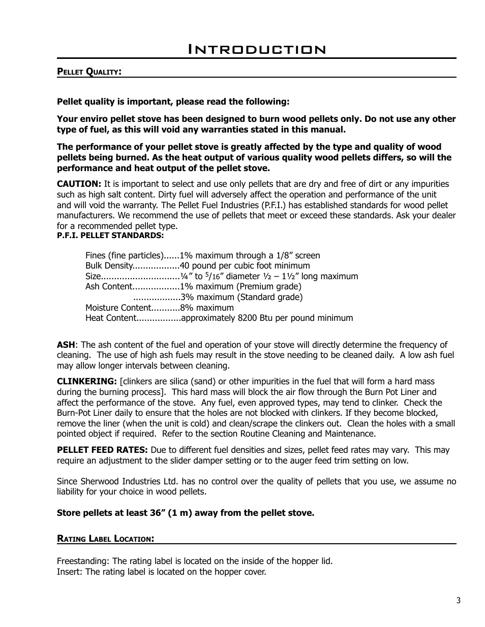 Introduction, Pellet quality, Rating label location | Enviro EF4 User Manual | Page 3 / 37