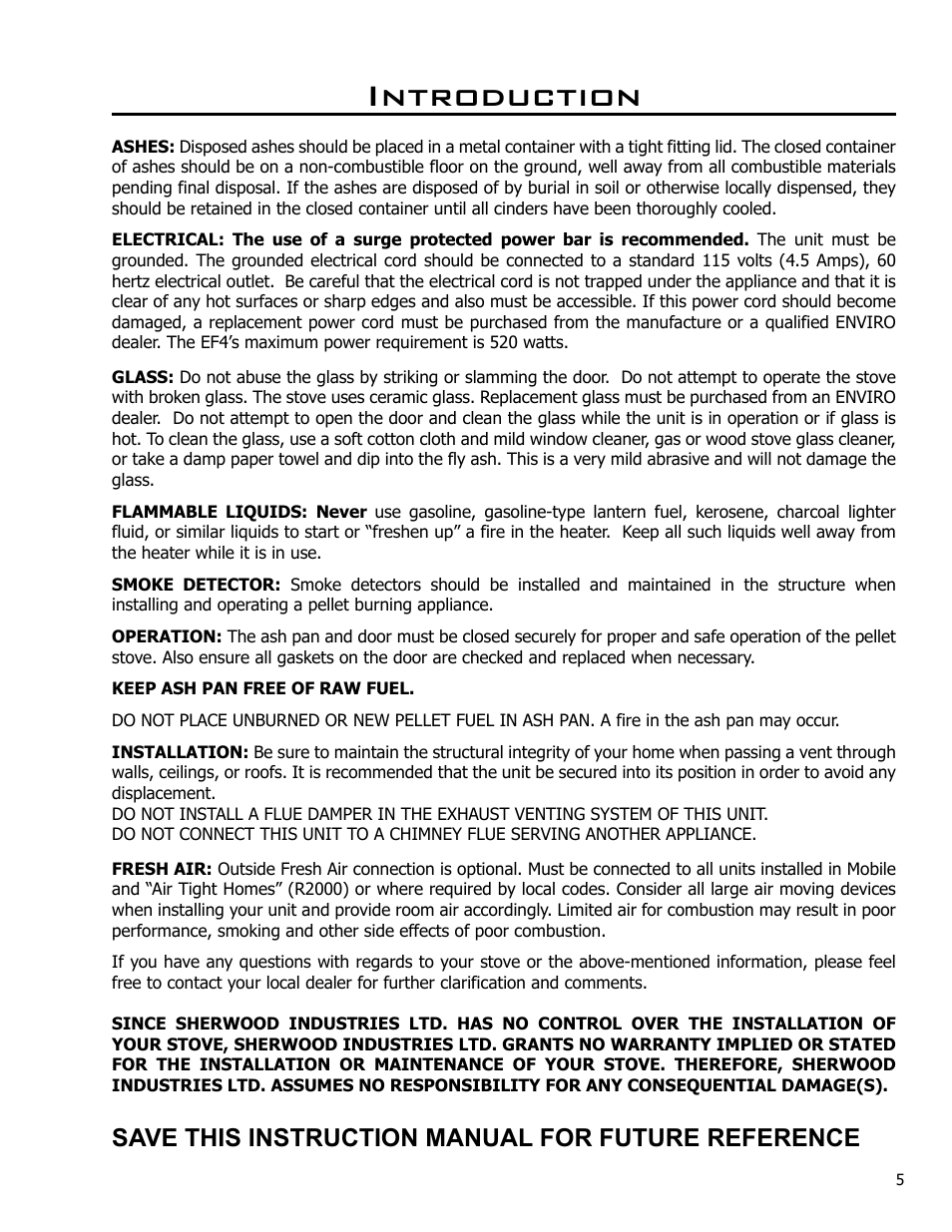 Introduction, Save this instruction manual for future reference | Enviro EF4 User Manual | Page 5 / 37