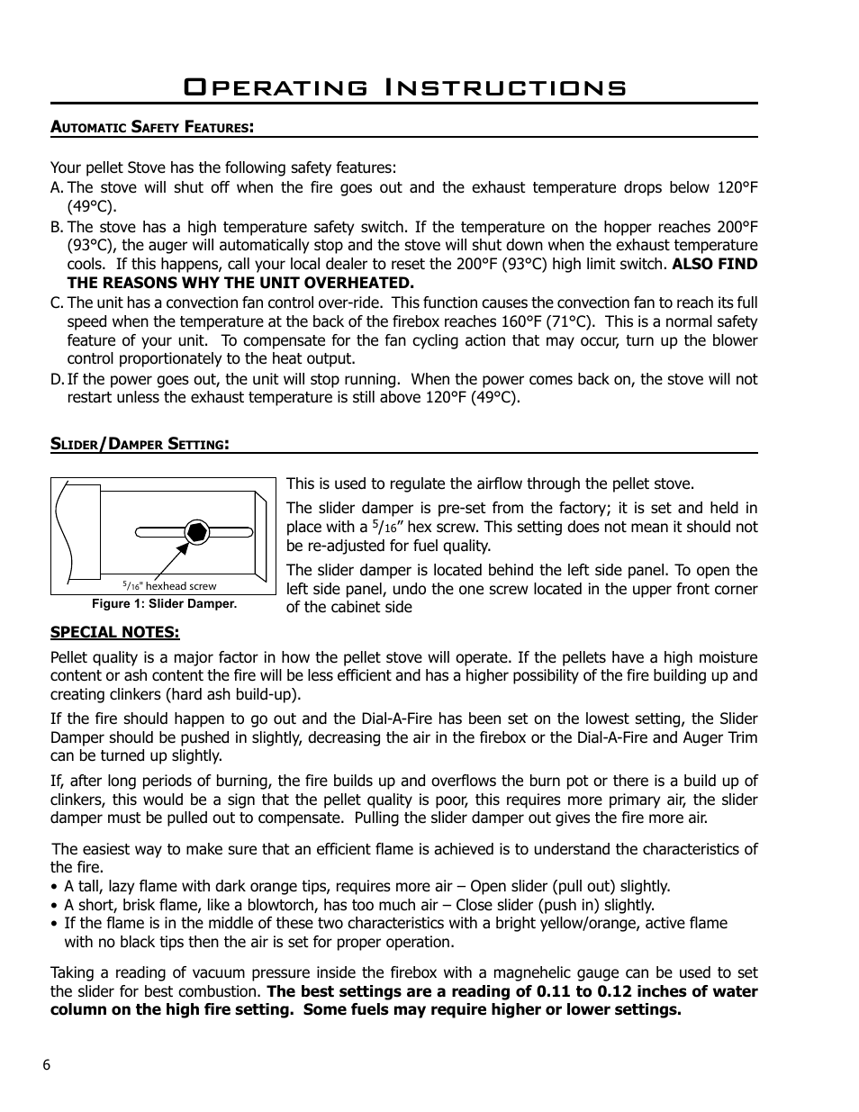 Operating instructions, Automatic safety features, Slider/damper setting | Enviro EF4 User Manual | Page 6 / 37