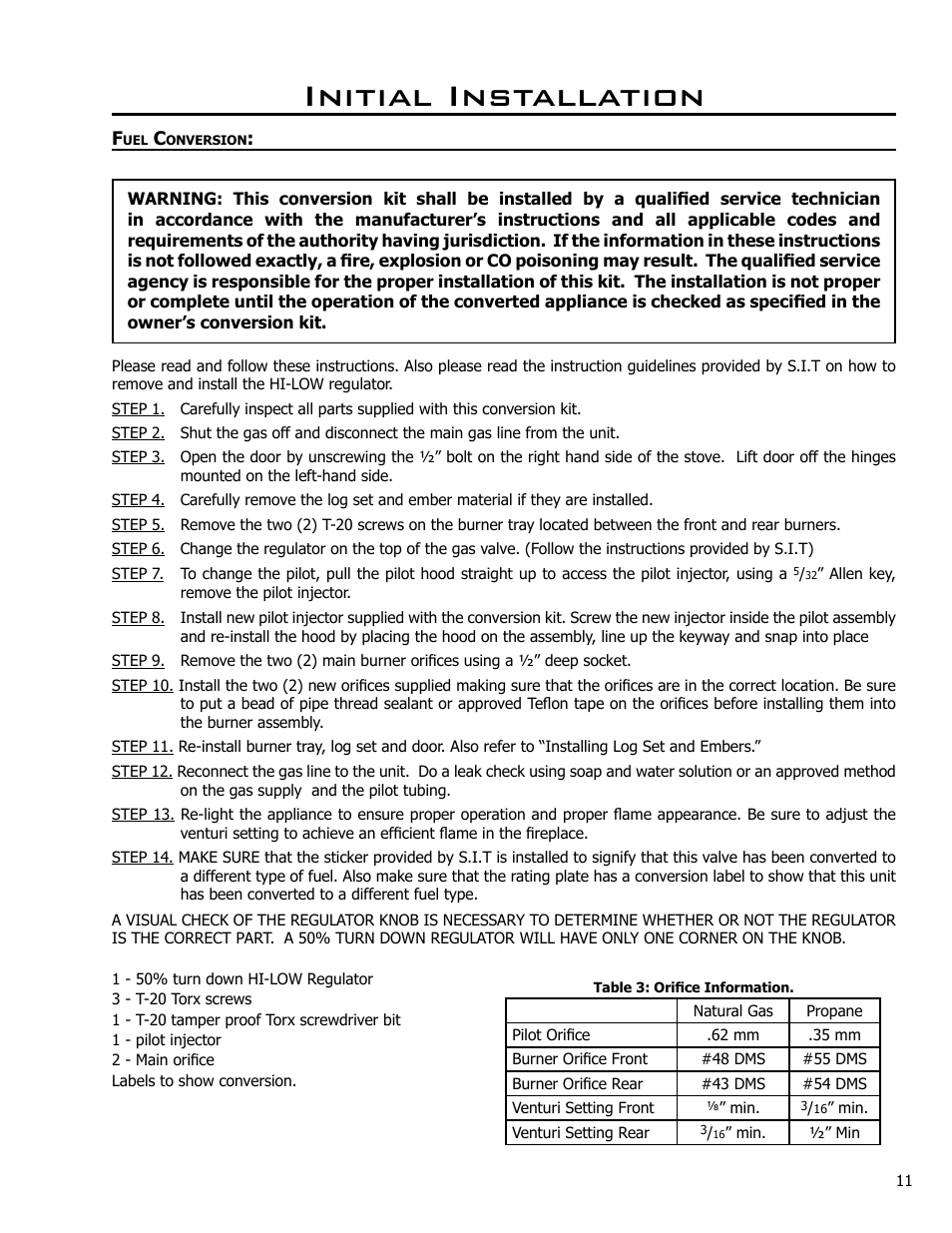 Fuel conversion, Initial installation | Enviro EG40-071 User Manual | Page 11 / 23