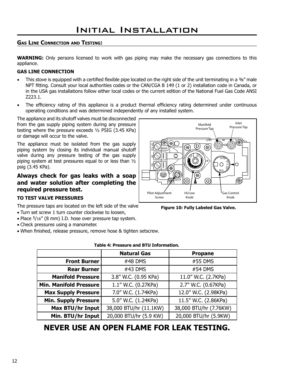 Gas line connection and testing, Initial installation, Never use an open flame for leak testing | Enviro EG40-071 User Manual | Page 12 / 23