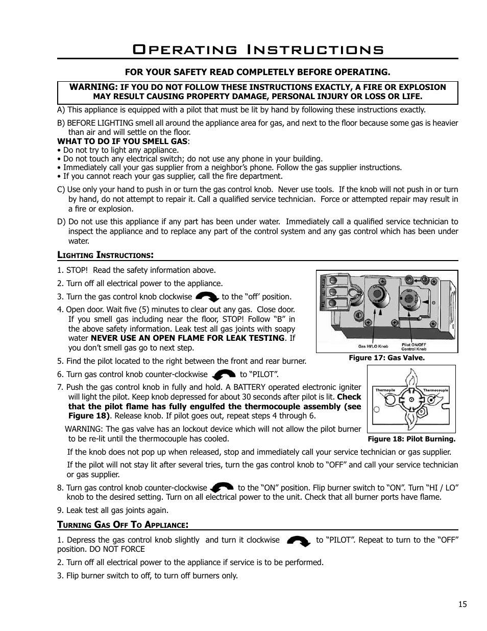 Operating instructions, Lighting instructions, Turning gas off to appliance | Lighting instructions turning gas off to appliance | Enviro EG40-071 User Manual | Page 15 / 23