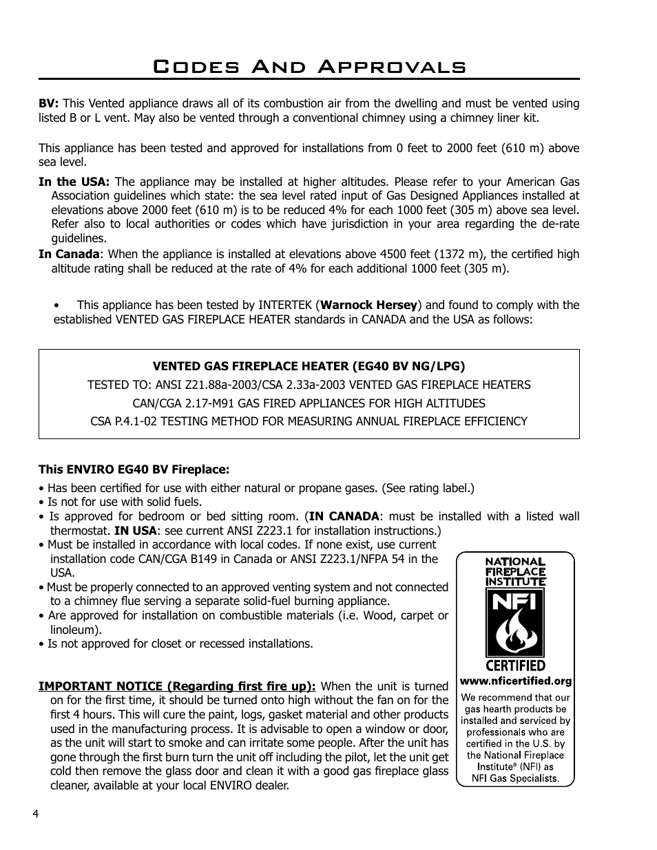 Codes and approvals | Enviro EG40-071 User Manual | Page 4 / 23