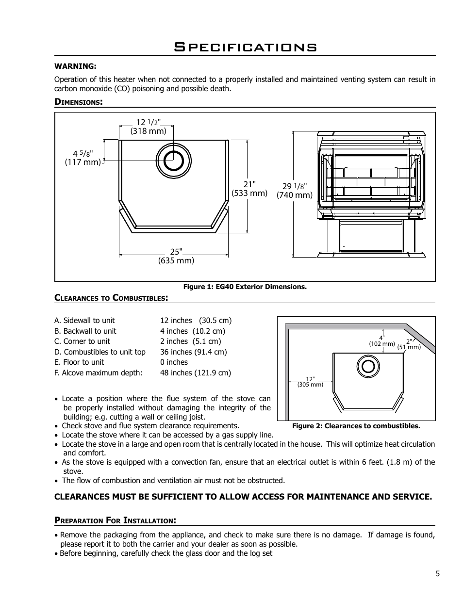 Specifications, Dimensions, Clearances to combustibles | Preparation for installation | Enviro EG40-071 User Manual | Page 5 / 23