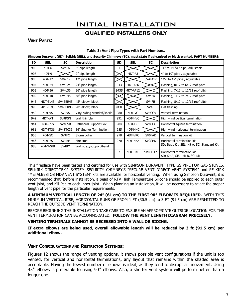 Vent parts, Vent configurations and restrictor settings, Initial installation | Qualified installers only v | Enviro Westport C-10794 User Manual | Page 13 / 45