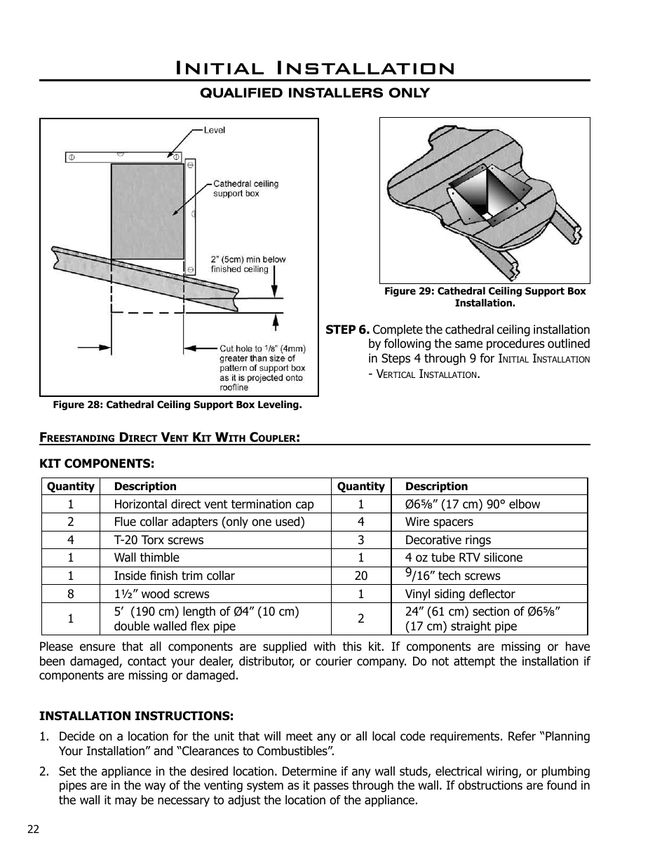 Freestanding direct vent kit with coupler, Initial installation | Enviro Westport C-10794 User Manual | Page 22 / 45