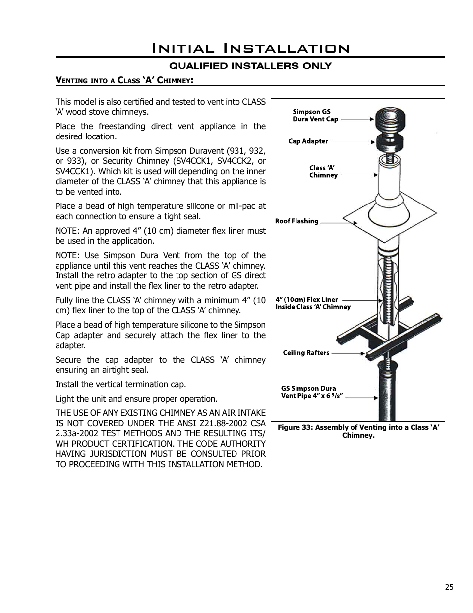 Venting into a class ‘a’ chimney, Initial installation | Enviro Westport C-10794 User Manual | Page 25 / 45