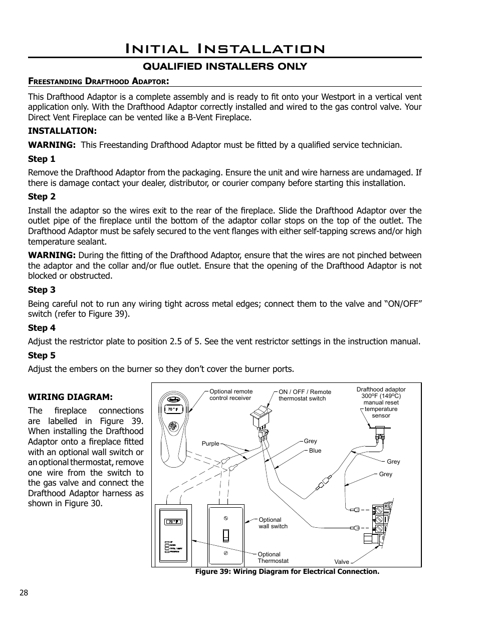 Freestanding drafthood adaptor, Initial installation | Enviro Westport C-10794 User Manual | Page 28 / 45