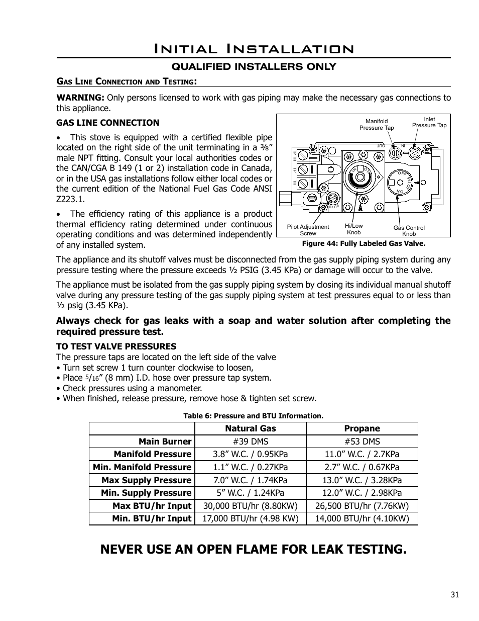 Gas line connection and testing, Initial installation, Never use an open flame for leak testing | Qualified installers only g | Enviro Westport C-10794 User Manual | Page 31 / 45