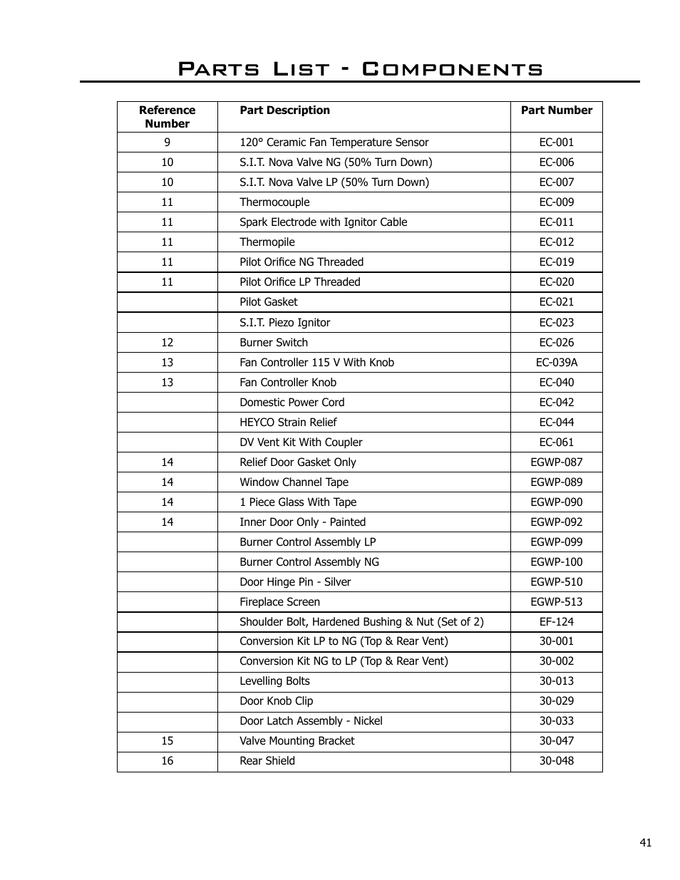 Parts list - components | Enviro Westport C-10794 User Manual | Page 41 / 45
