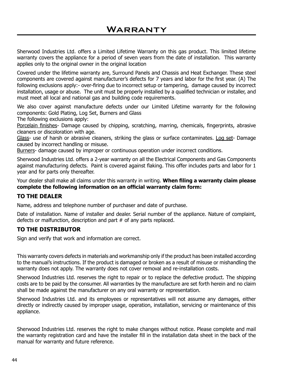 Warranty | Enviro Westport C-10794 User Manual | Page 44 / 45