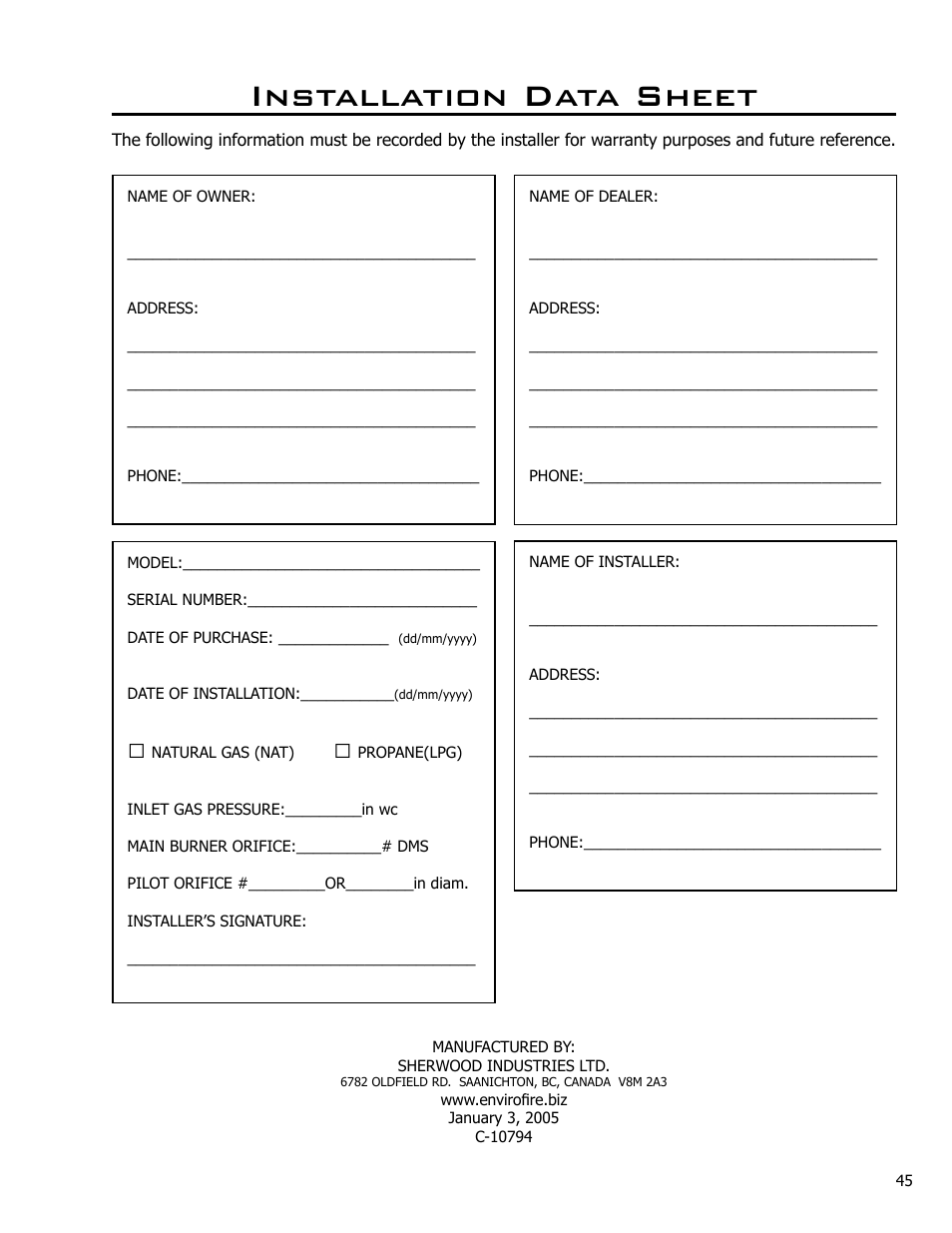 Installation data sheet | Enviro Westport C-10794 User Manual | Page 45 / 45
