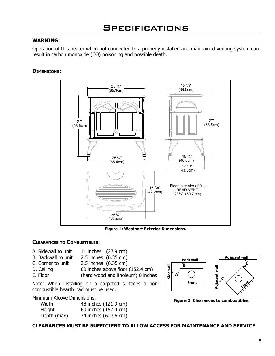 Specifications, Dimensions, Clearances to combustibles | Enviro Westport C-10794 User Manual | Page 5 / 45