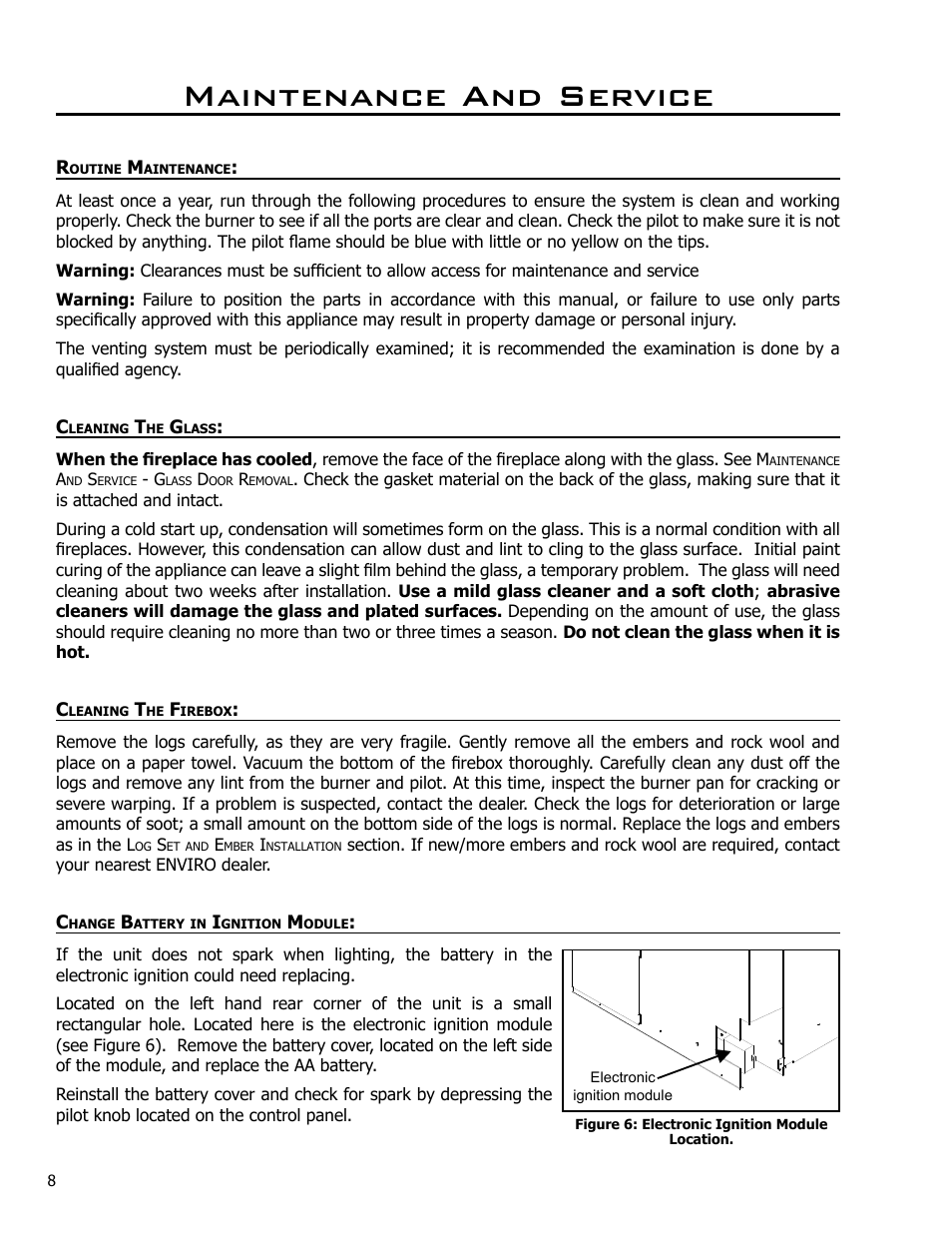 Maintenance and service, Routine maintenance, Cleaning the glass | Cleaning the firebox, Change battery in ignition module | Enviro Westport C-10794 User Manual | Page 8 / 45