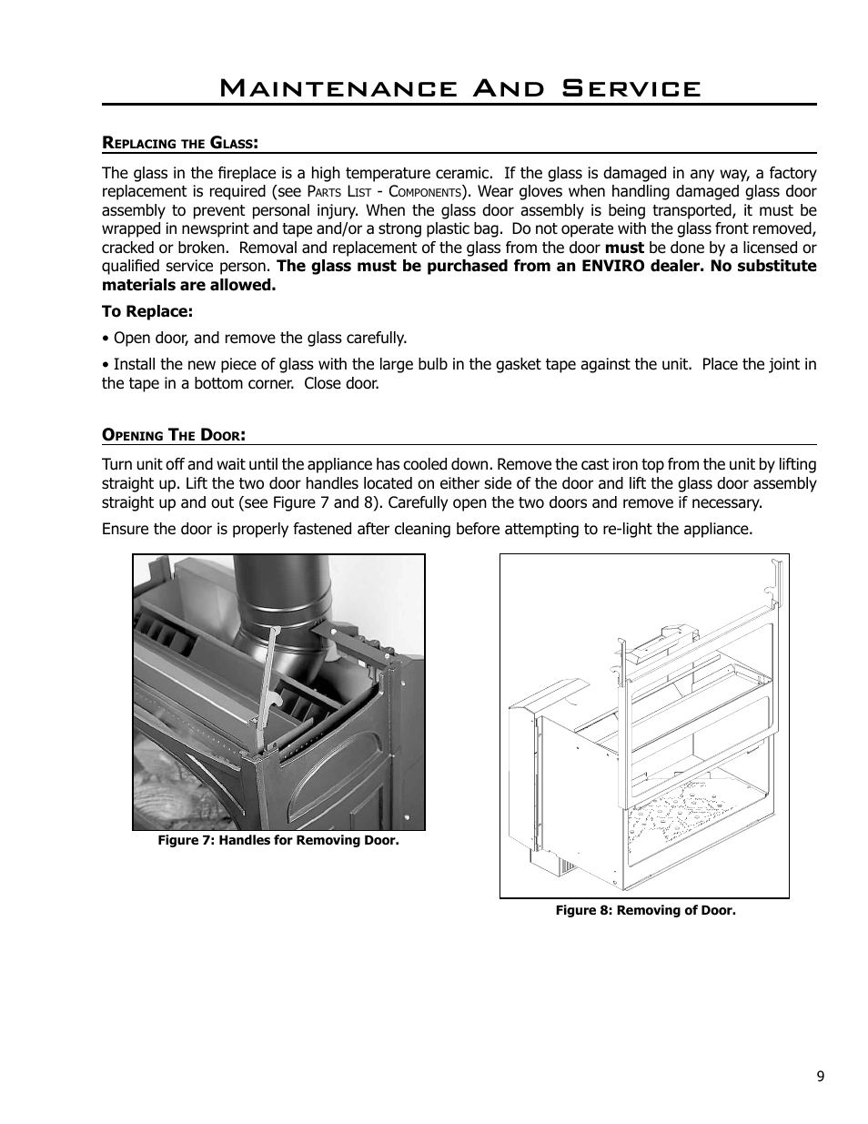 Replacing the glass, Opening the door, Maintenance and service | Enviro Westport C-10794 User Manual | Page 9 / 45