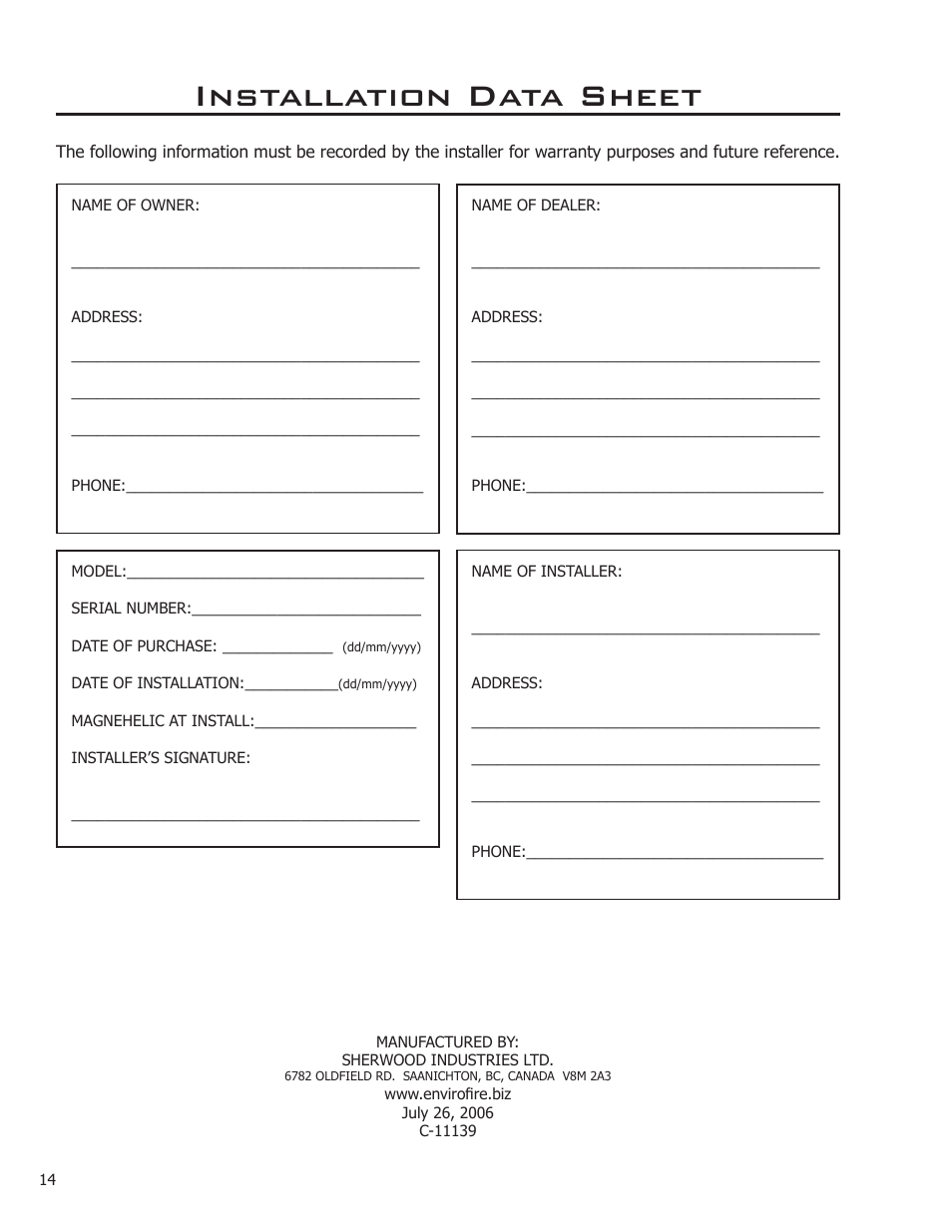 Installation data sheet | Enviro EVOLUTION 50-1021 User Manual | Page 14 / 14