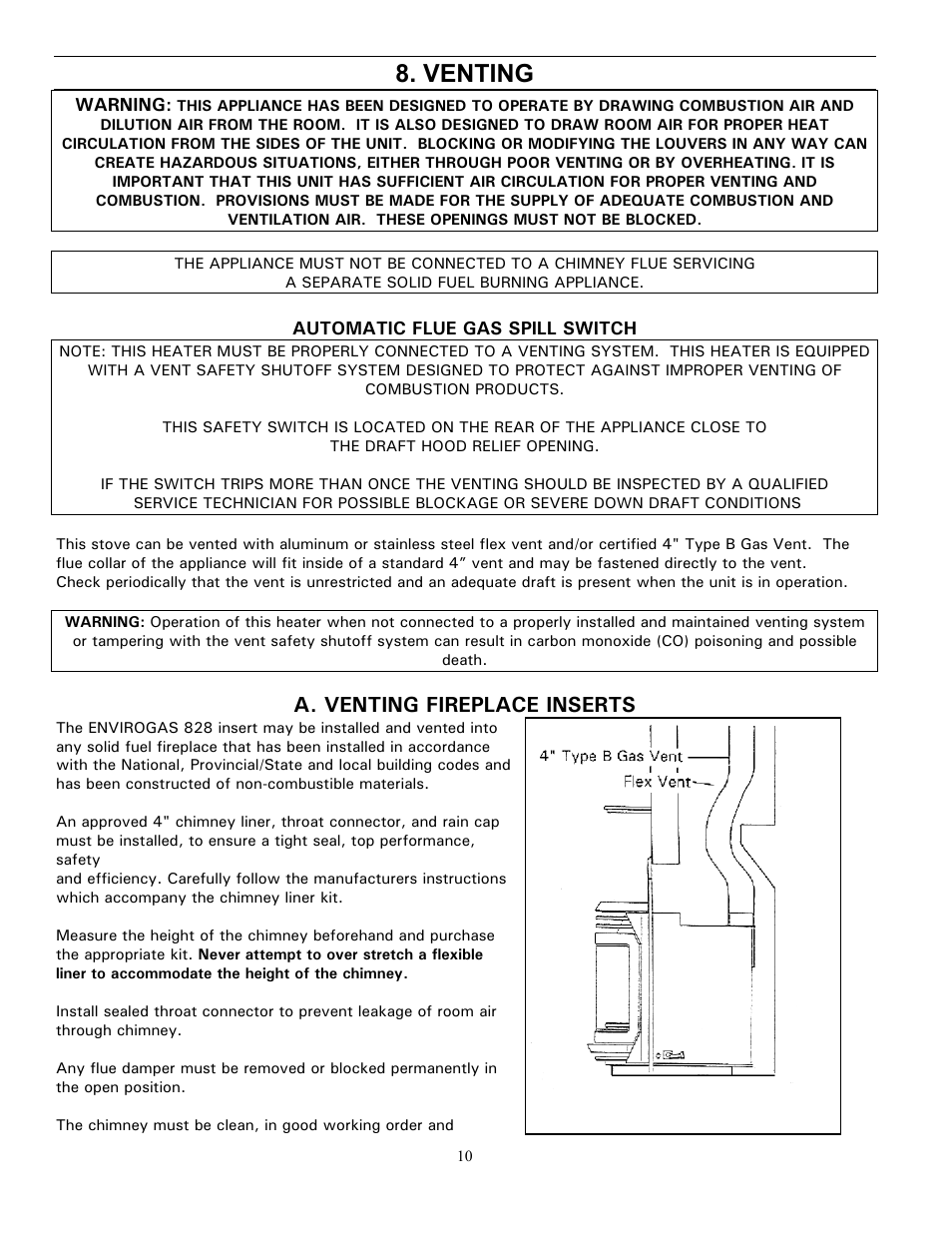 Venting, A. venting fireplace inserts | Enviro GAS 828 BV. INS. User Manual | Page 10 / 20