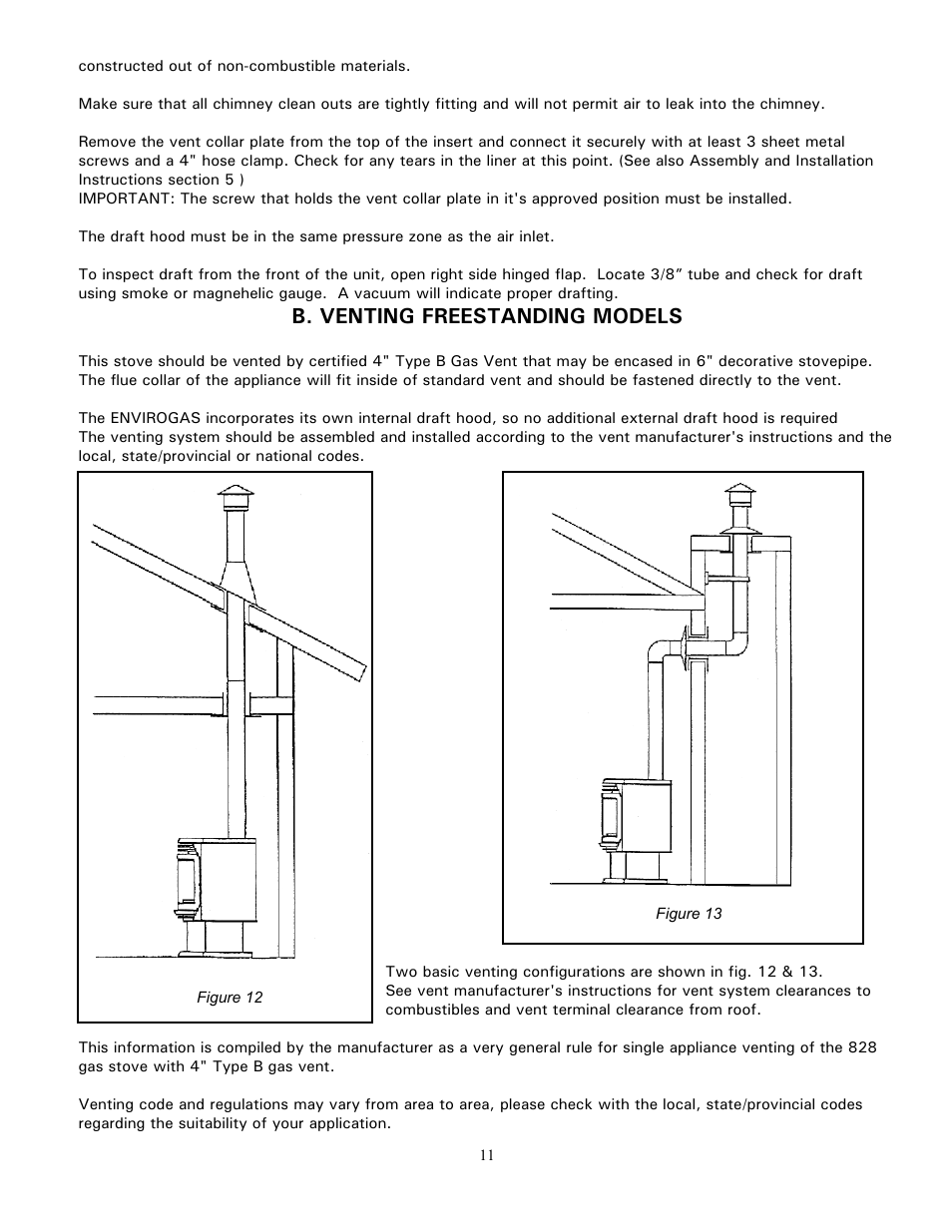 B. venting freestanding models | Enviro GAS 828 BV. INS. User Manual | Page 11 / 20