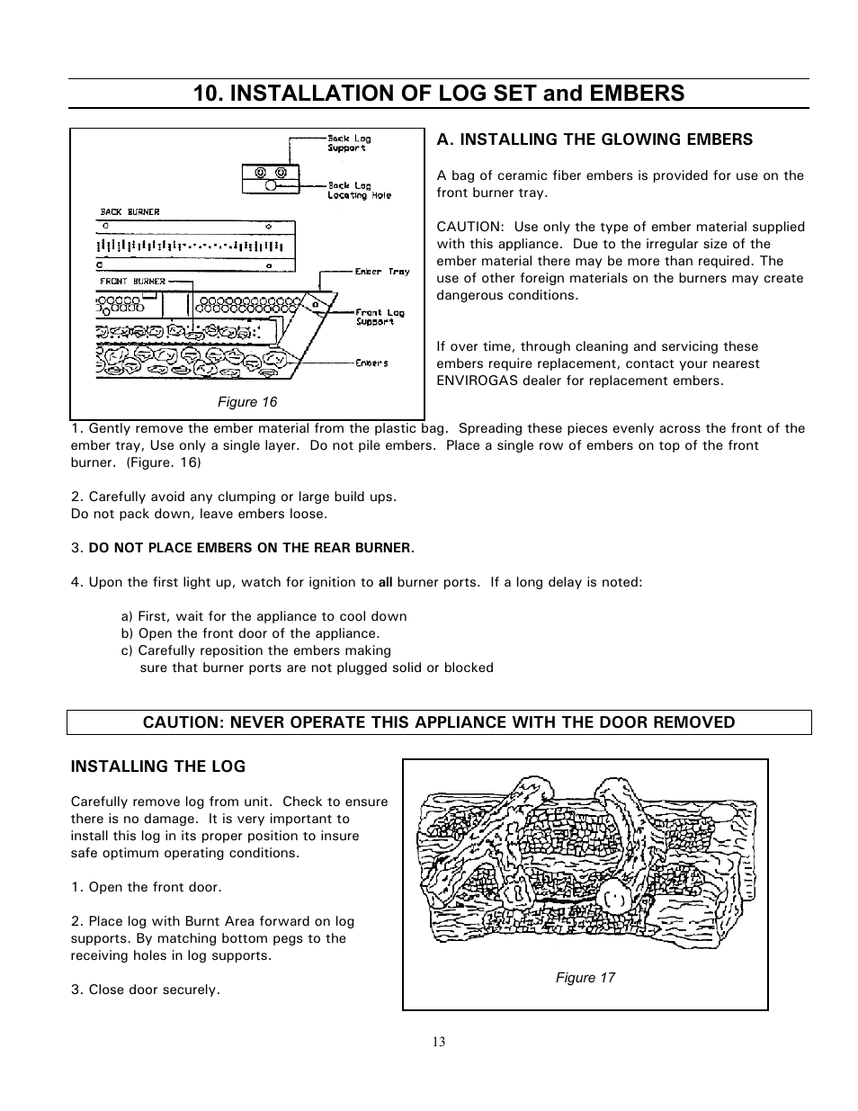 Installation of log set and embers | Enviro GAS 828 BV. INS. User Manual | Page 13 / 20