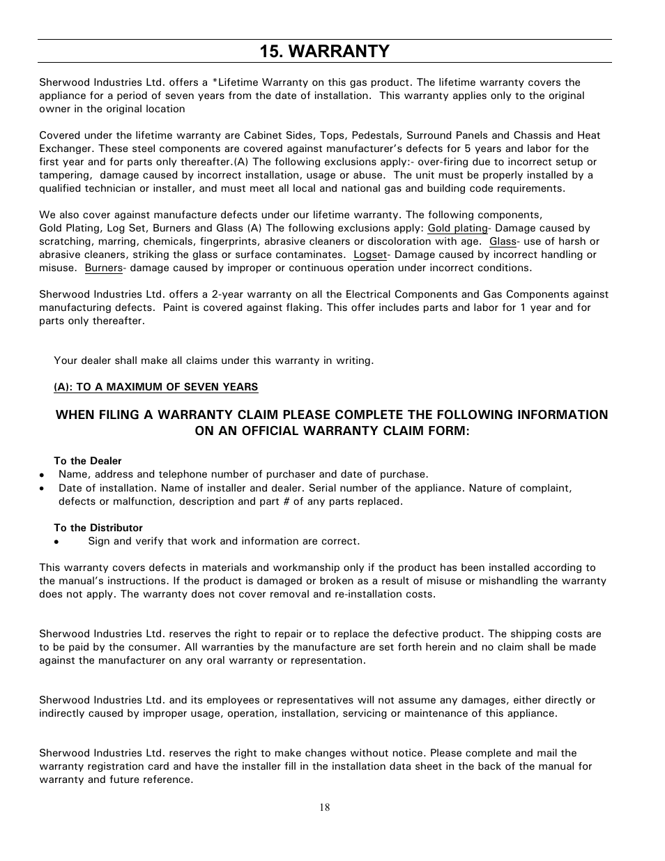 Warranty | Enviro GAS 828 BV. INS. User Manual | Page 18 / 20