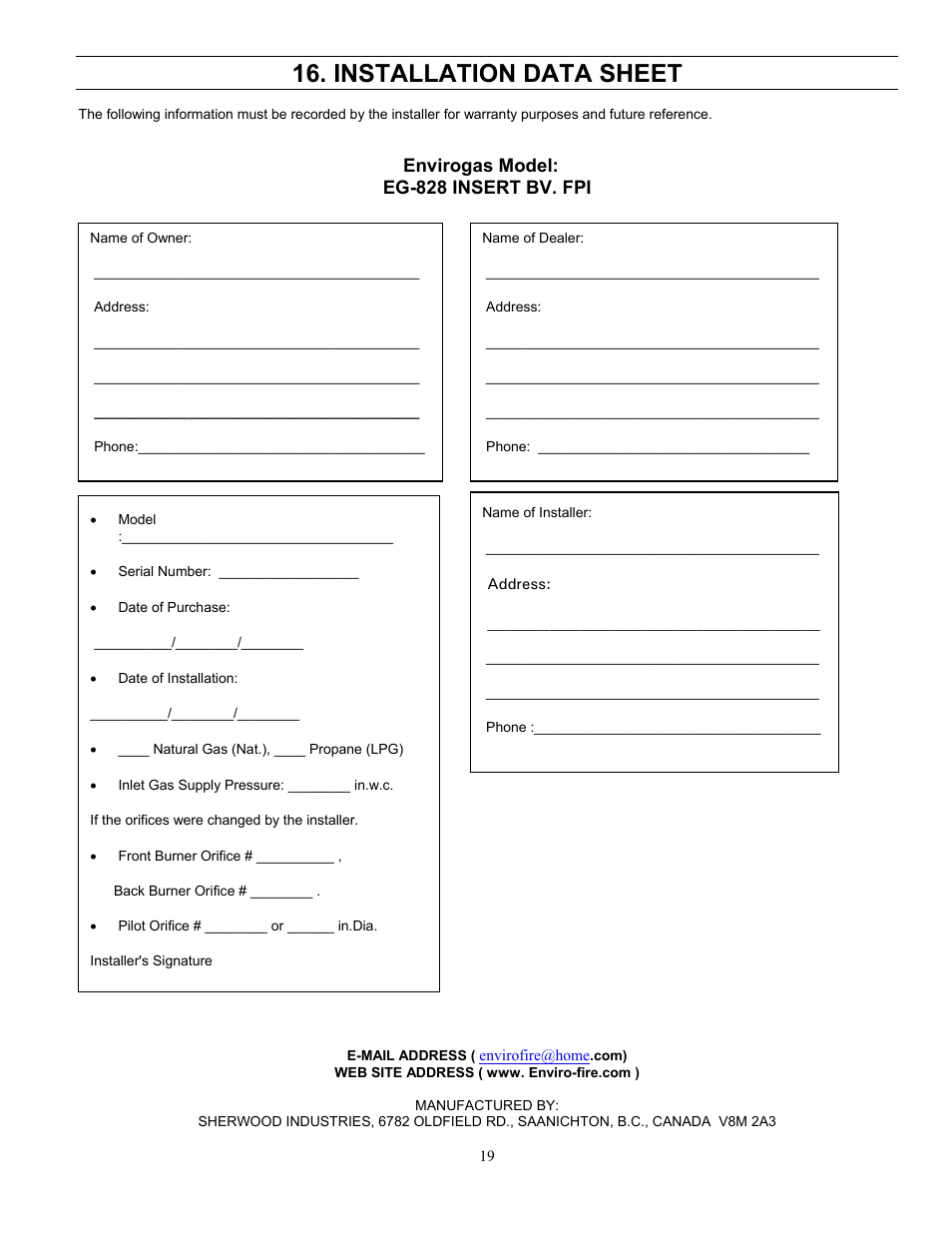 Envirogas model, Eg-828 insert bv. fpi, Installation data sheet | Envirogas model: eg-828 insert bv. fpi | Enviro GAS 828 BV. INS. User Manual | Page 19 / 20