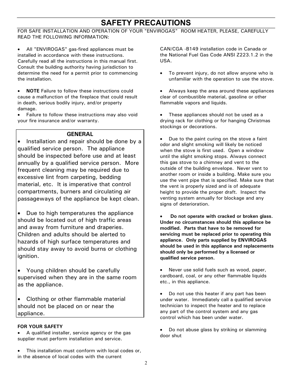 Safety precautions | Enviro GAS 828 BV. INS. User Manual | Page 2 / 20