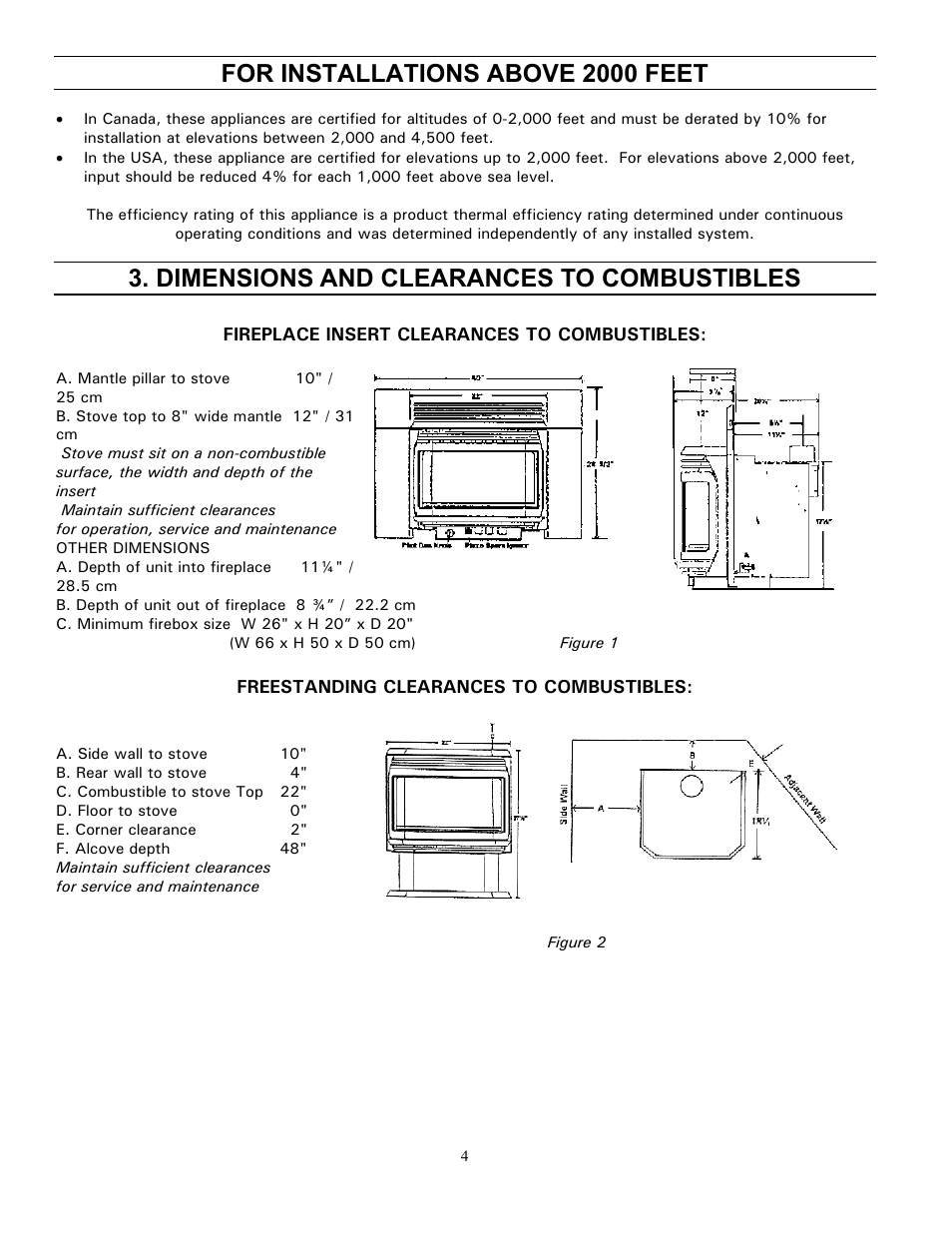 For installations above 2000 feet, Dimensions and clearances to combustibles | Enviro GAS 828 BV. INS. User Manual | Page 4 / 20