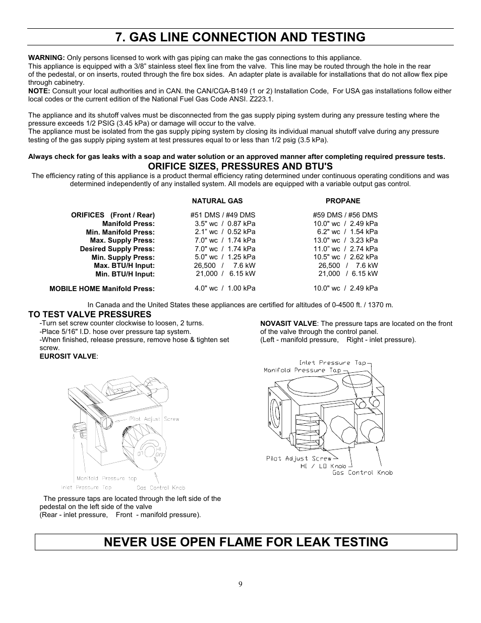 Gas line connection and testing, Never use open flame for leak testing | Enviro GAS 828 BV. INS. User Manual | Page 9 / 20
