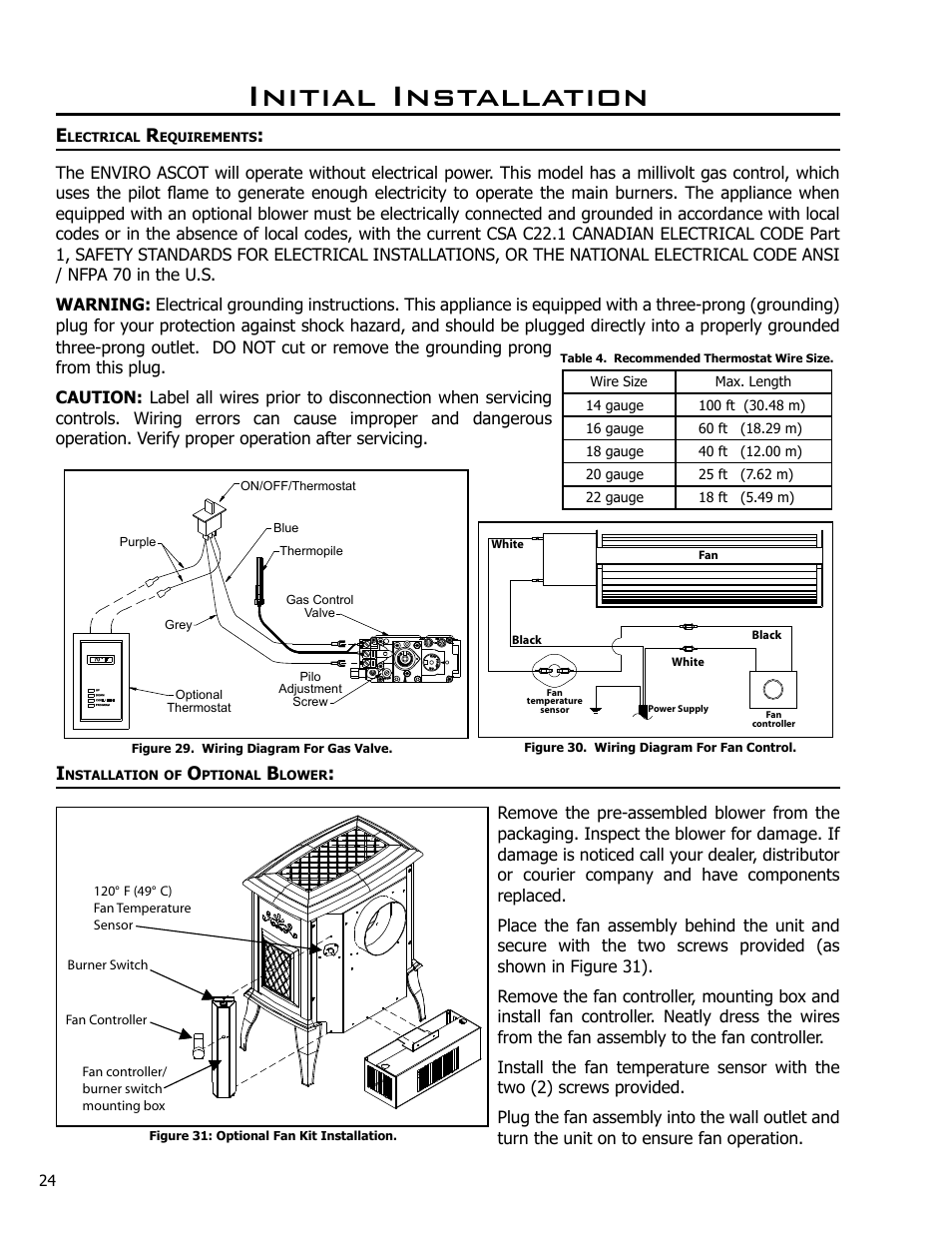 Electrical requirements, Installation of optional blower, Initial installation | Enviro Ascot 50-029 User Manual | Page 24 / 33