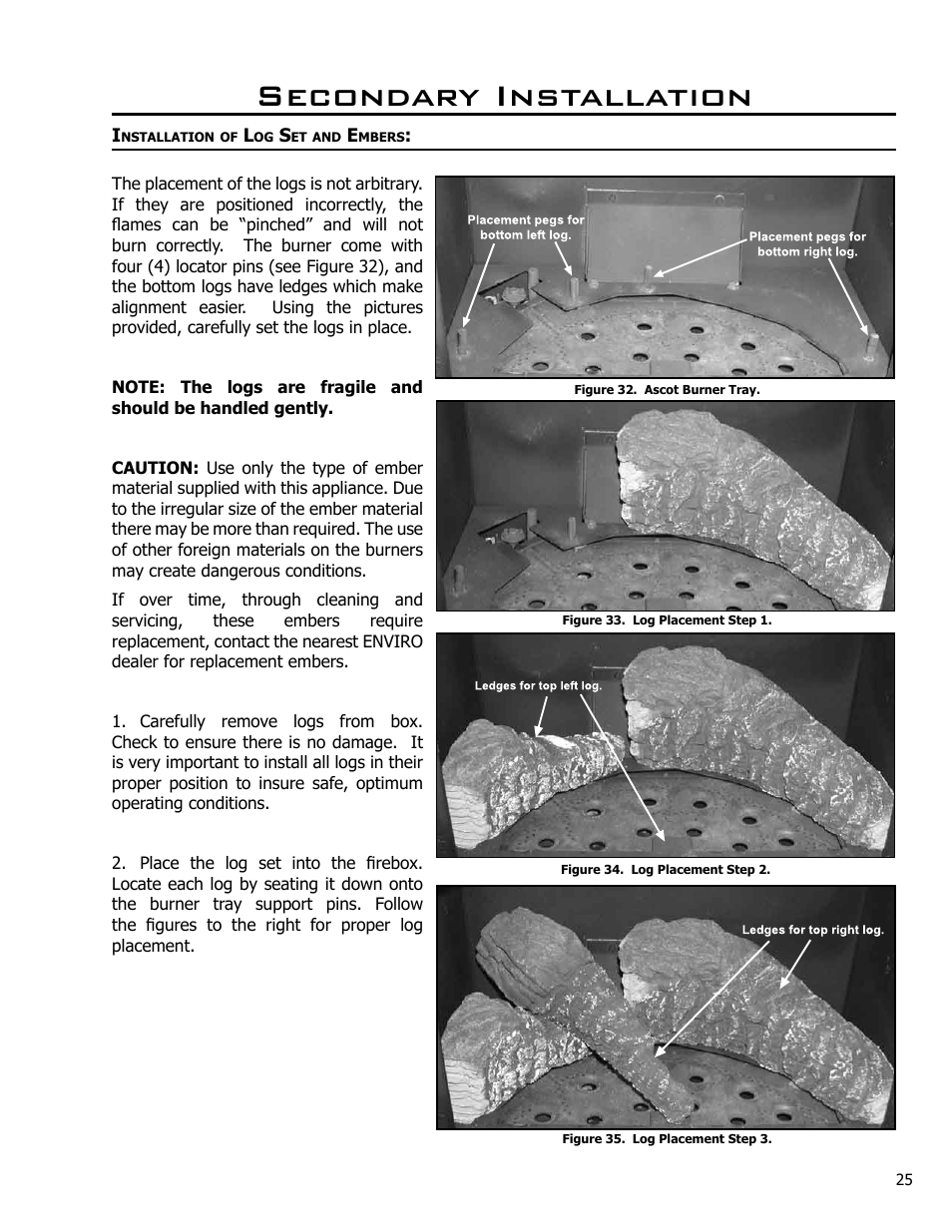 Secondary installation, Installation of log set and embers | Enviro Ascot 50-029 User Manual | Page 25 / 33