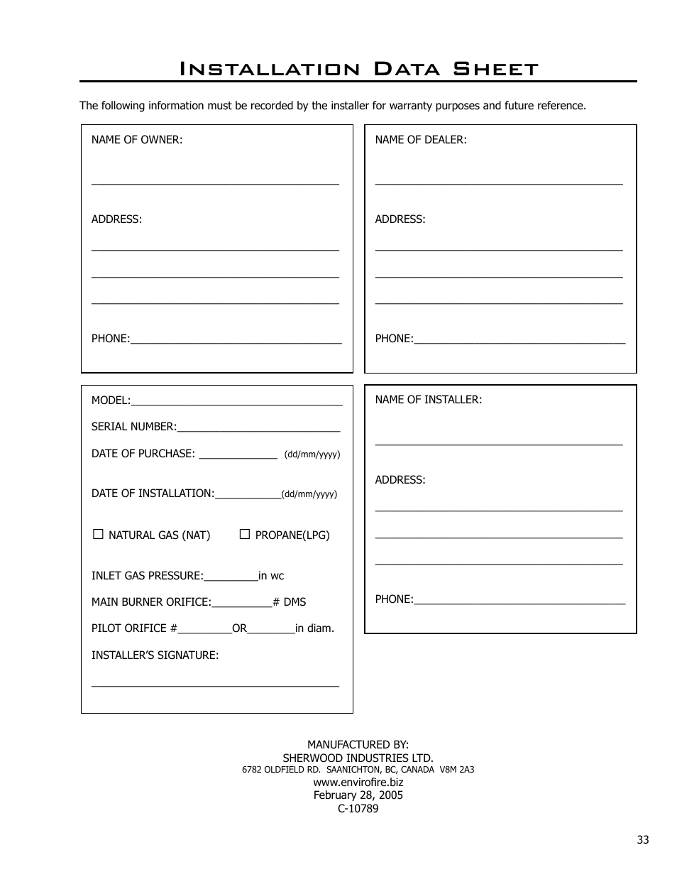 Installation data sheet | Enviro Ascot 50-029 User Manual | Page 33 / 33