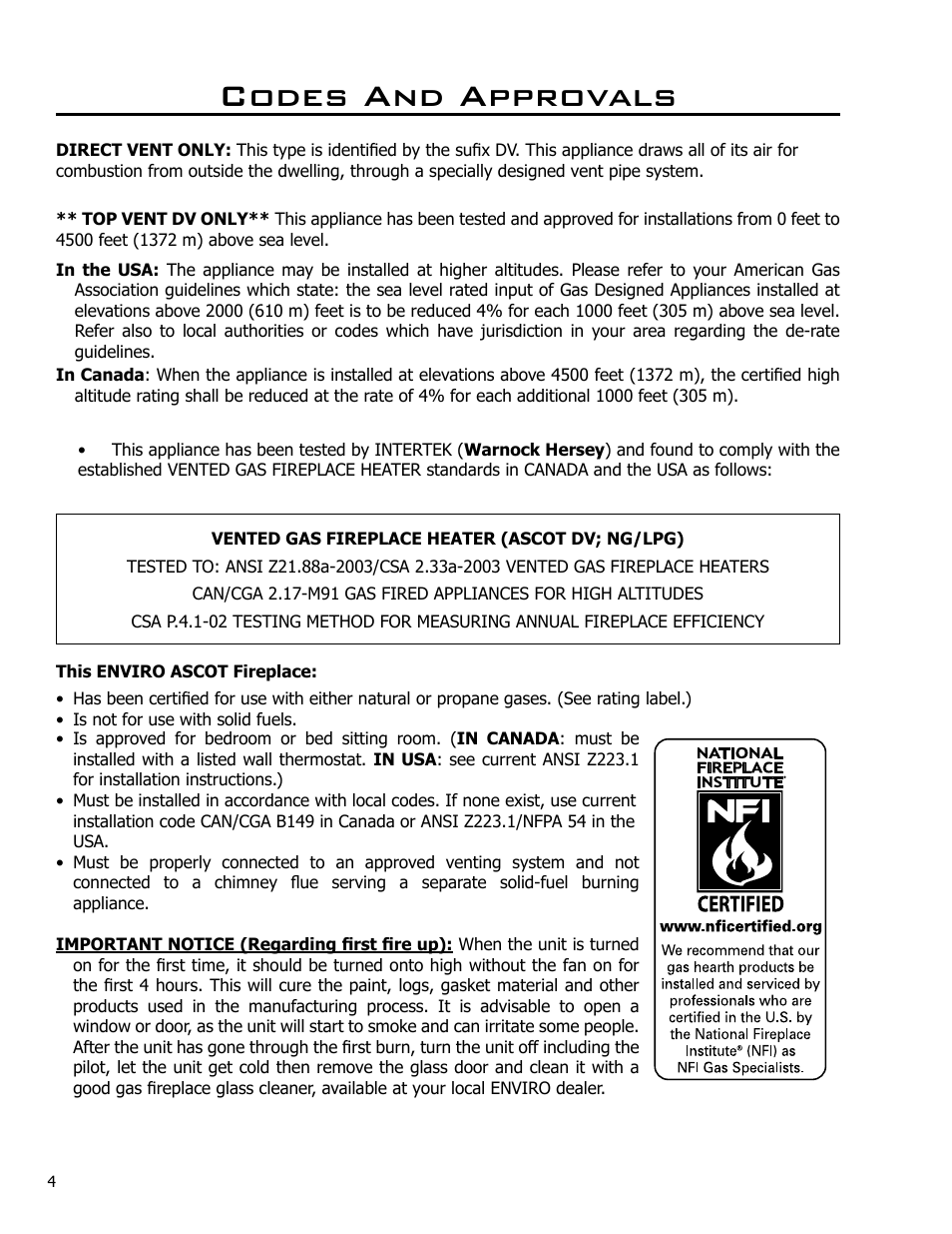 Codes and approvals | Enviro Ascot 50-029 User Manual | Page 4 / 33